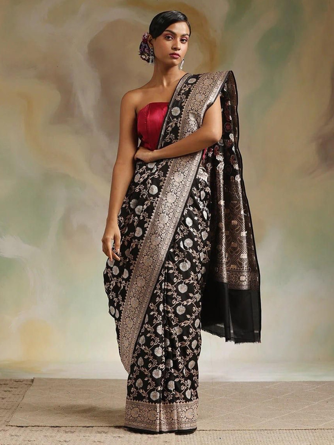 

Upalksh Ethnic Motifs Woven Design Zari Kanjeevaram Saree, Black