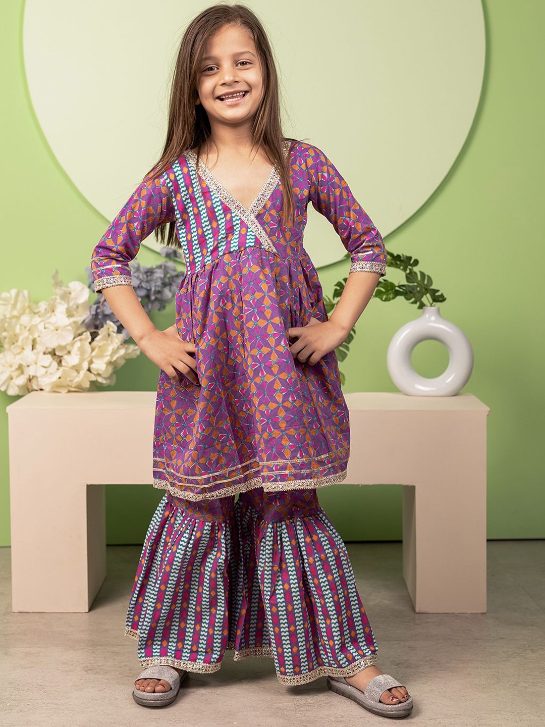 

Biglilpeople Girls Floral Printed Pure Cotton Angrakha Anarkali Kurta With Sharara, Purple