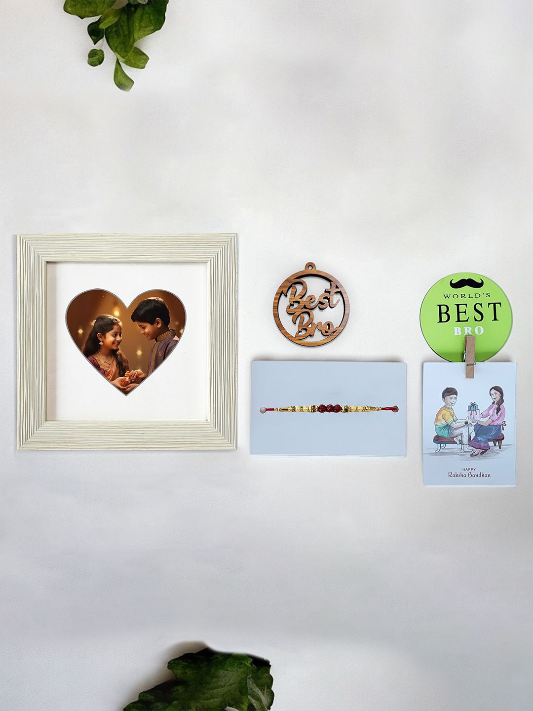 

Art Street Beaded Rakhi With Keyring & Photo Frame With Photo Clip & Fridge Magnet, Brown