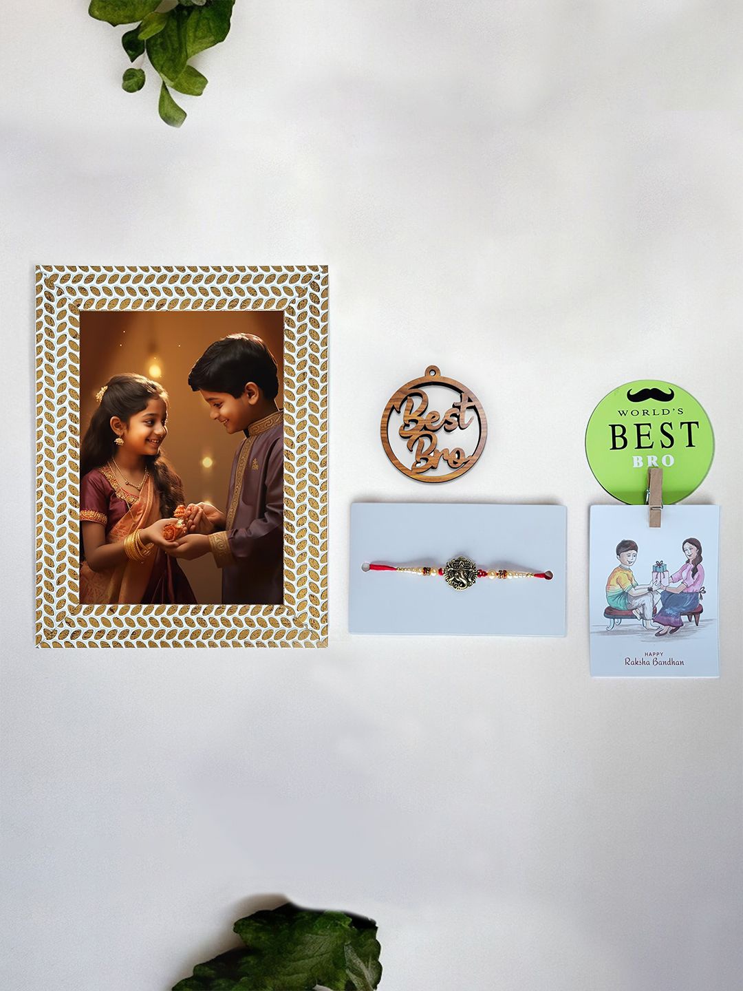 

Art Street Beaded Rakhi With Keyring & Photo Frame With Photo Clip & Fridge Magnet, White