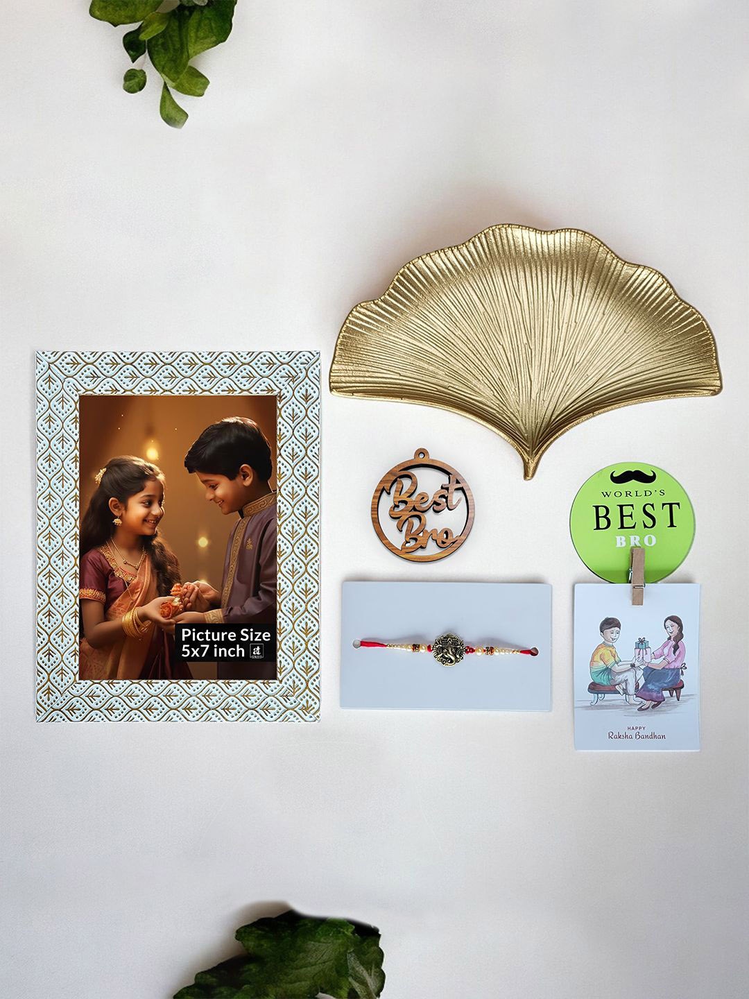 

Art Street Beaded Rakhi With Keyring & Photo Frame With Photo Clip & Fridge Magnet, Brown