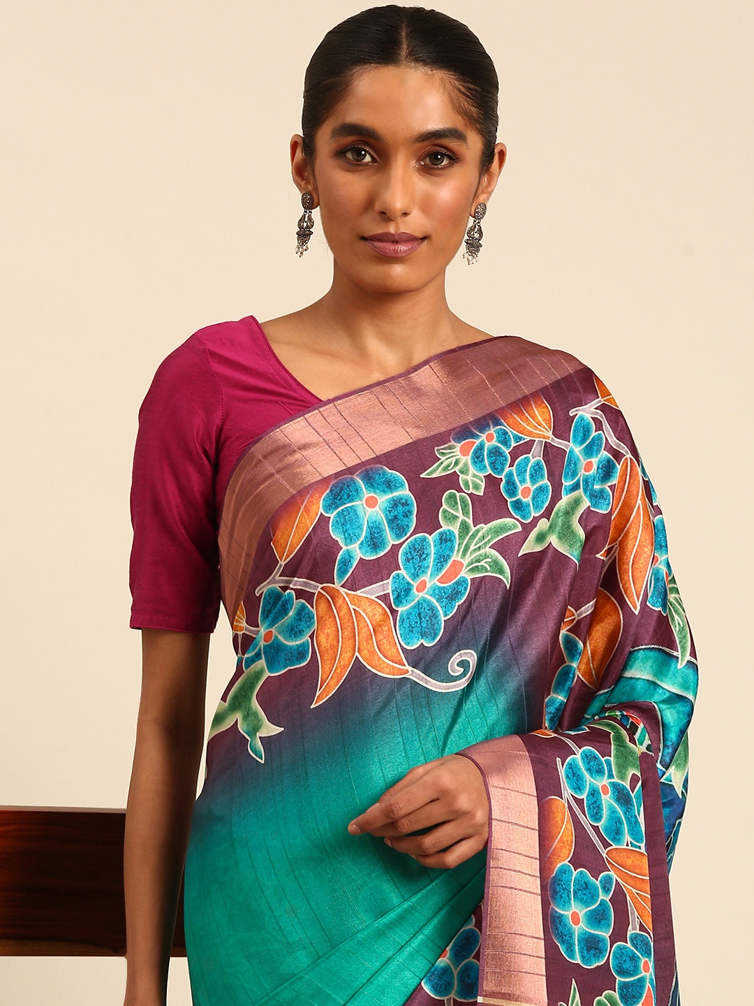 

SANGAM PRINTS Floral Printed Tussar Saree, Blue