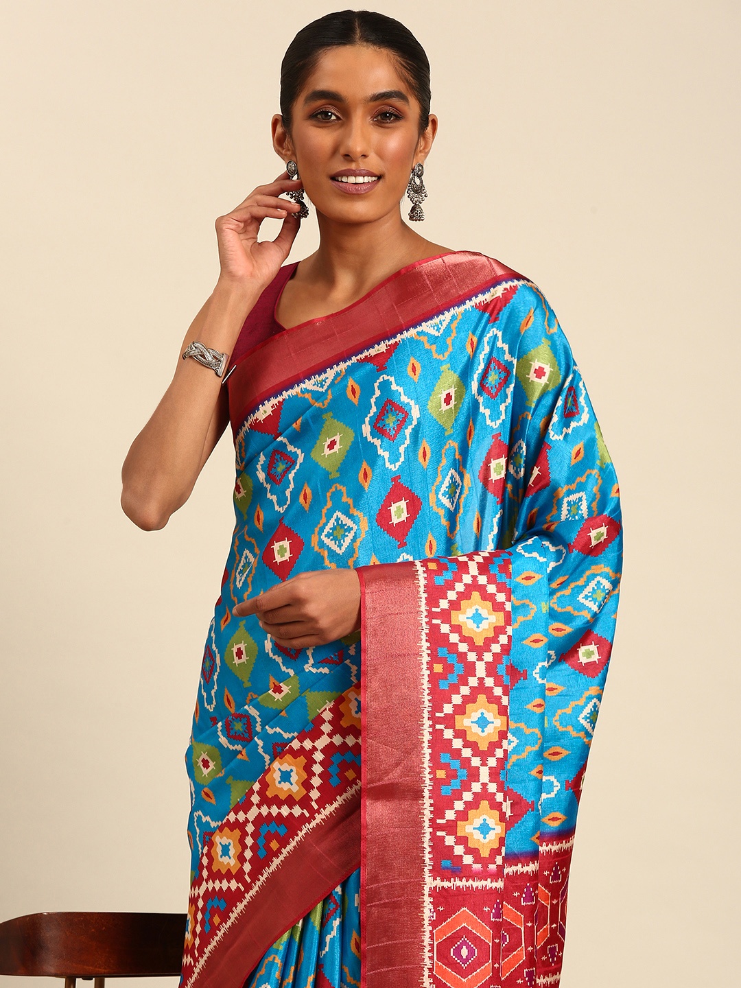 

SANGAM PRINTS Geometric Printed Tussar Saree, Blue