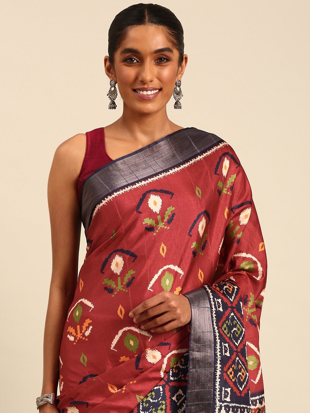 

SANGAM PRINTS Geometric Printed Tussar Saree, Red