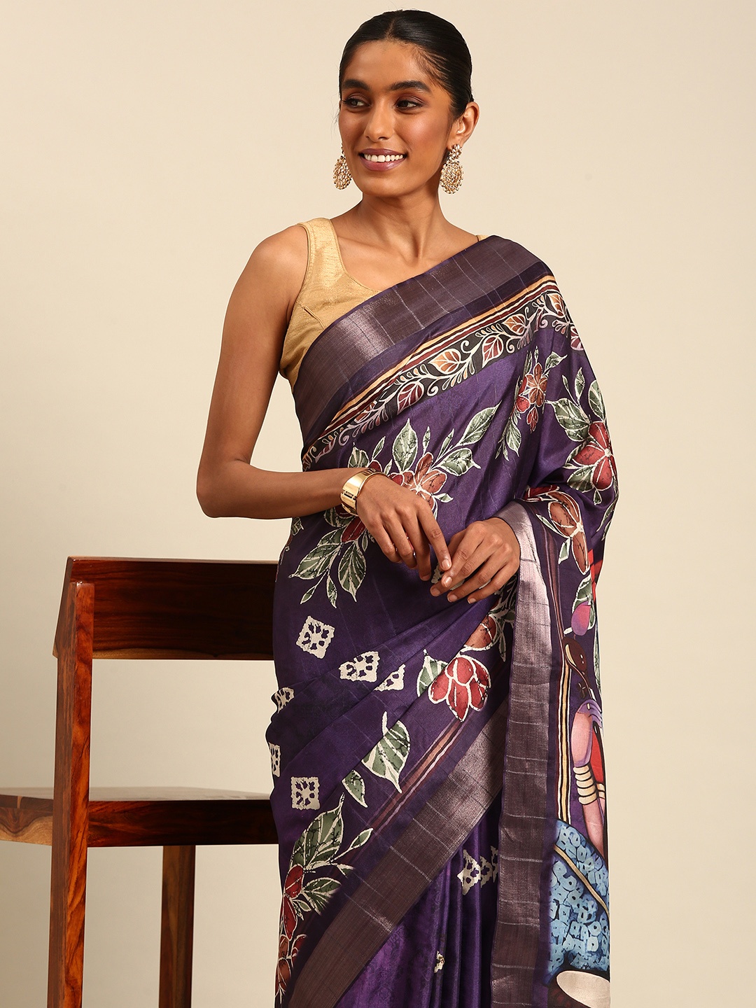 

SANGAM PRINTS Floral Printed Tussar Saree, Purple