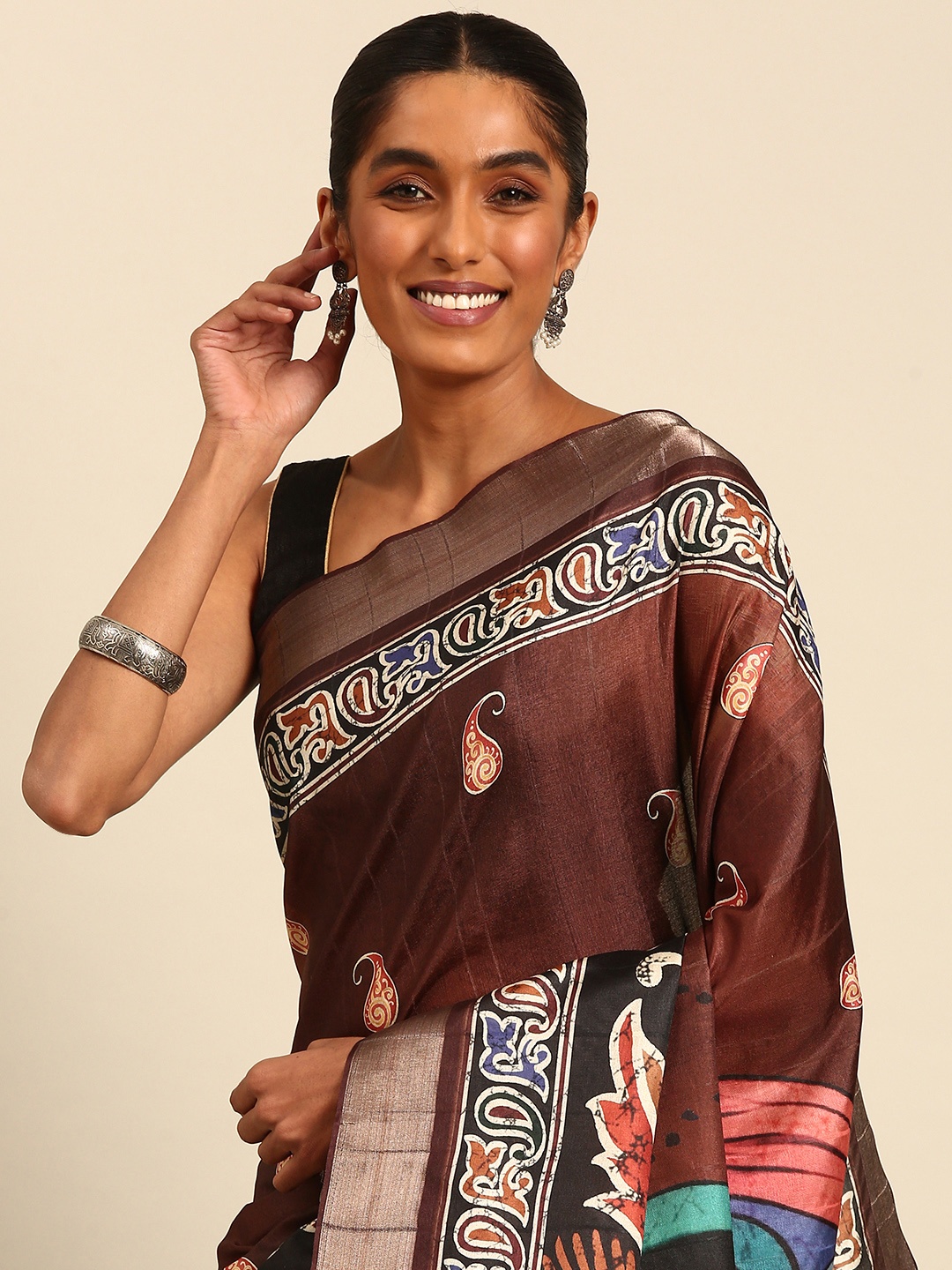 

SANGAM PRINTS Paisley Printed Tussar Saree, Brown
