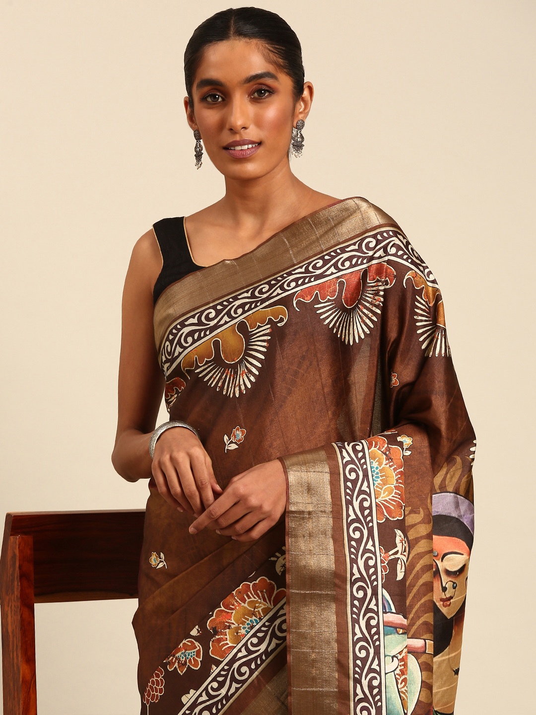 

SANGAM PRINTS Floral Printed Tussar Saree, Brown