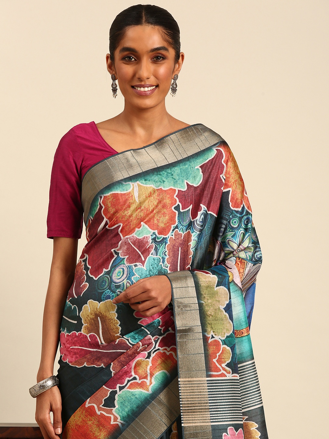 

SANGAM PRINTS Ethnic Motifs Printed Tussar Saree, Multi
