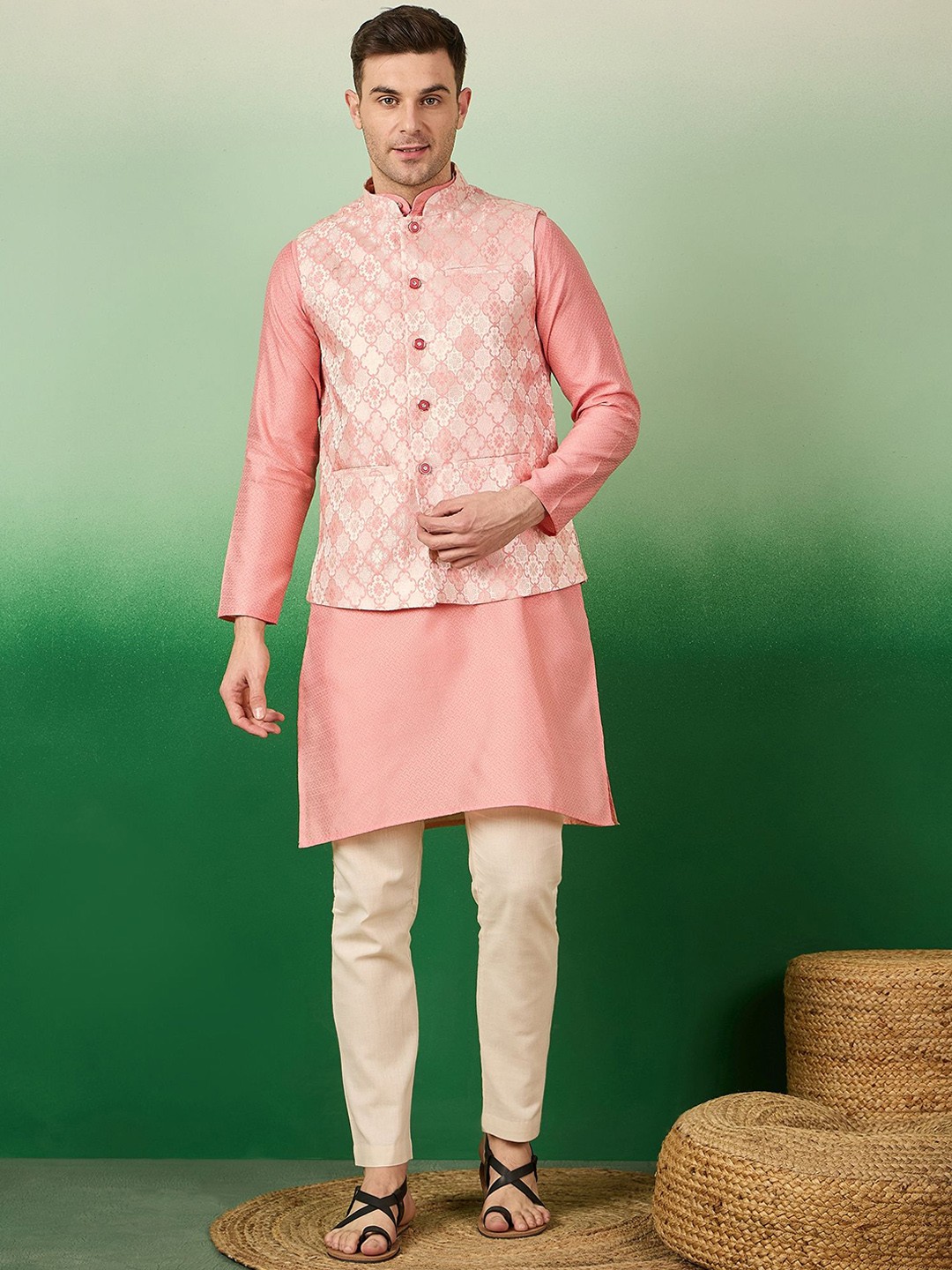

Sangria Woven Design Regular Sleeves Kurta With Trouser, Peach
