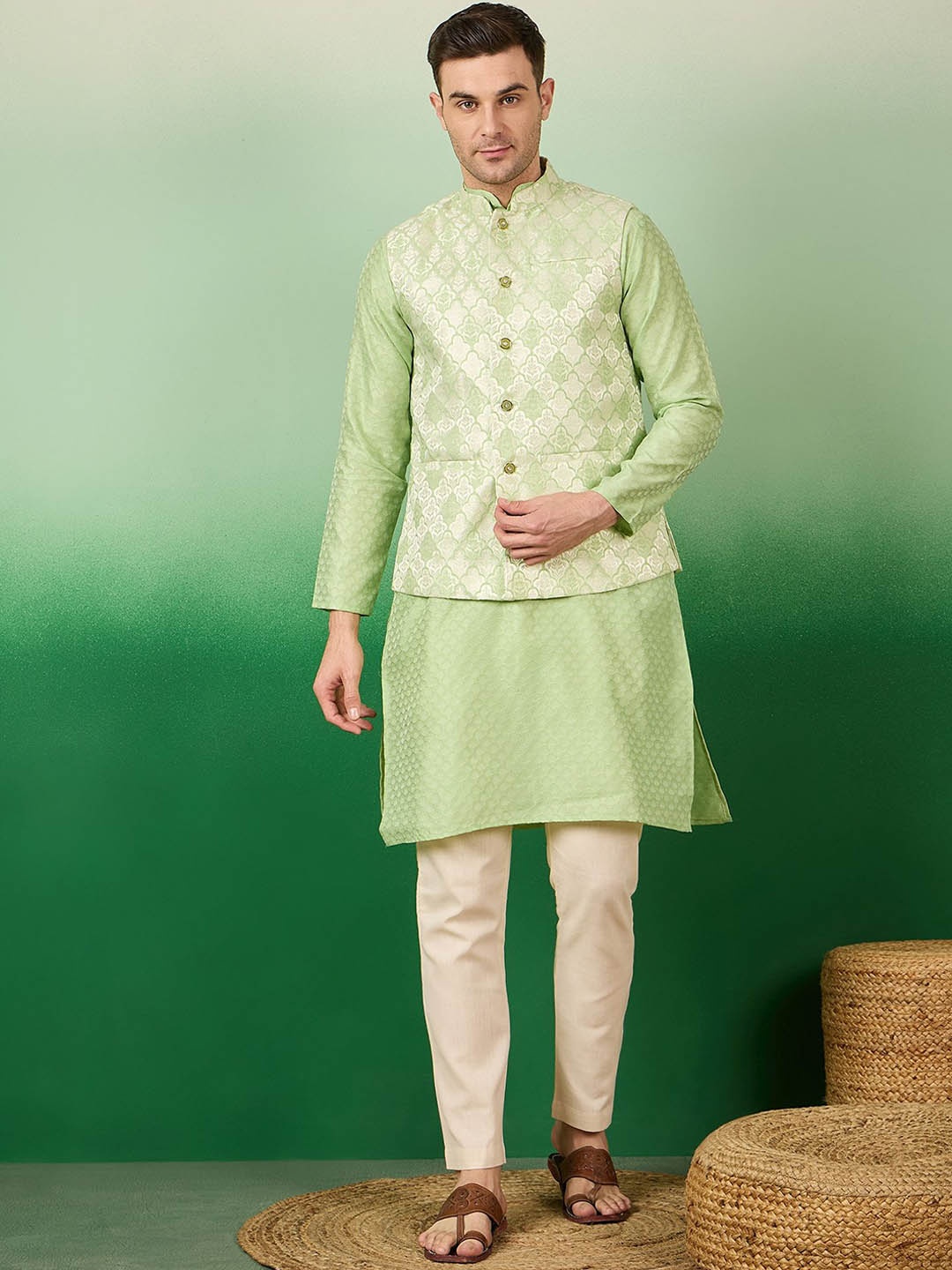 

Sangria Woven Design Kurta Pyjama With Koti Set, Green