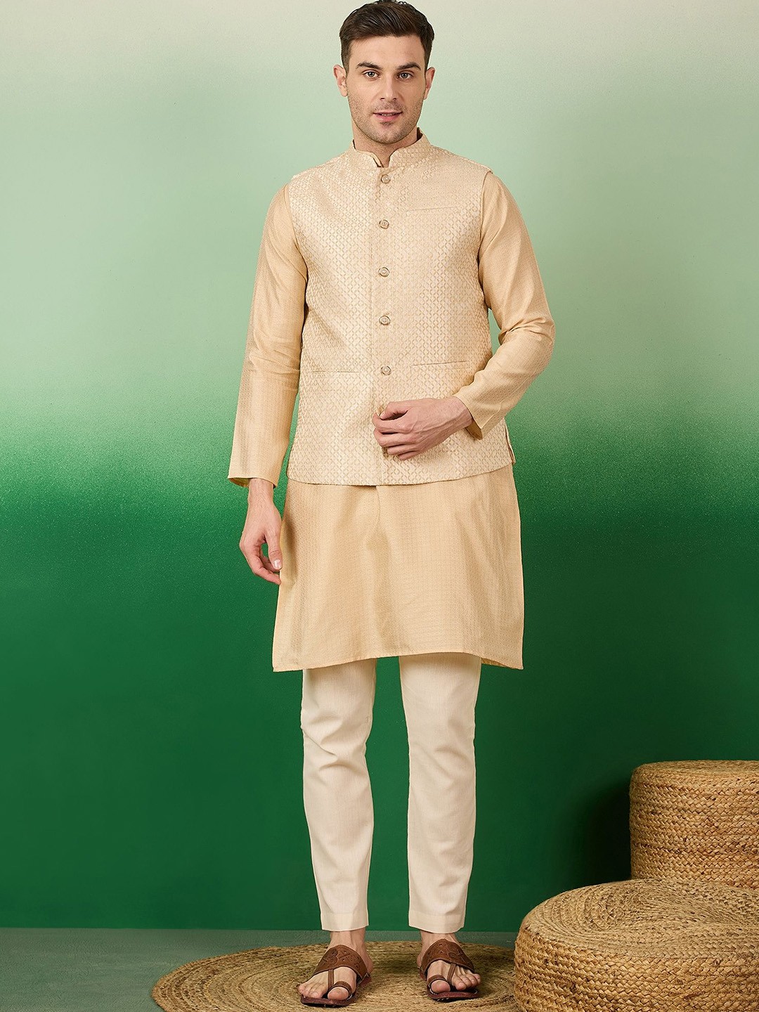 

Sangria Men Woven Designed Kurta With Pyjama & Nehru Jacket, Beige
