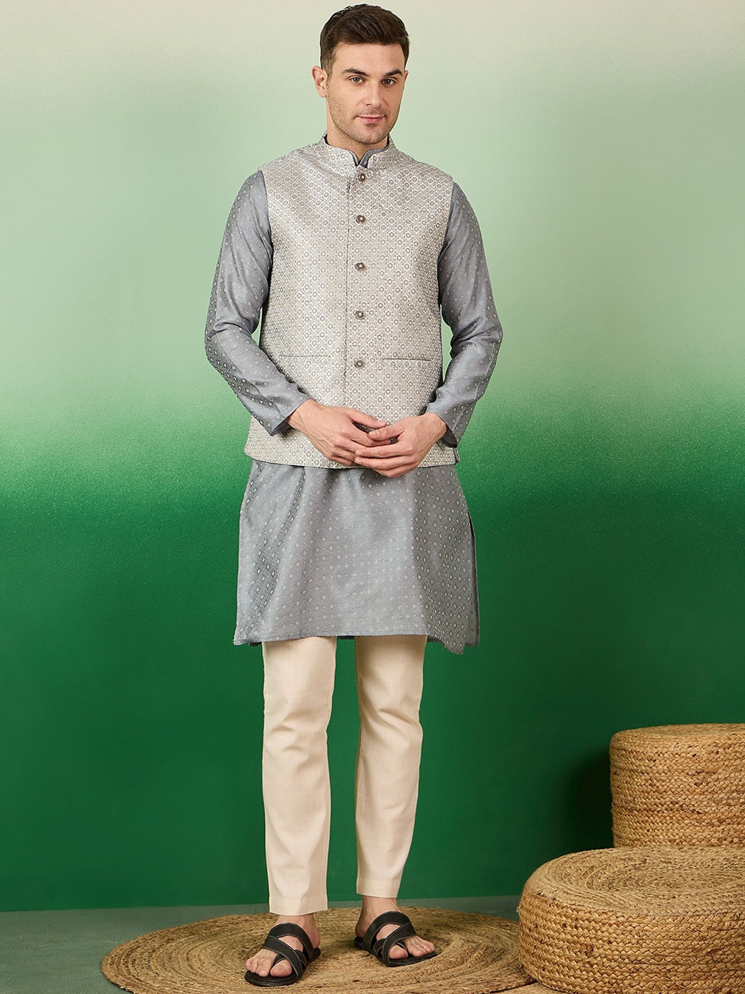 

Sangria Preety Woven Designer Men Kurta With Koti Set, Grey