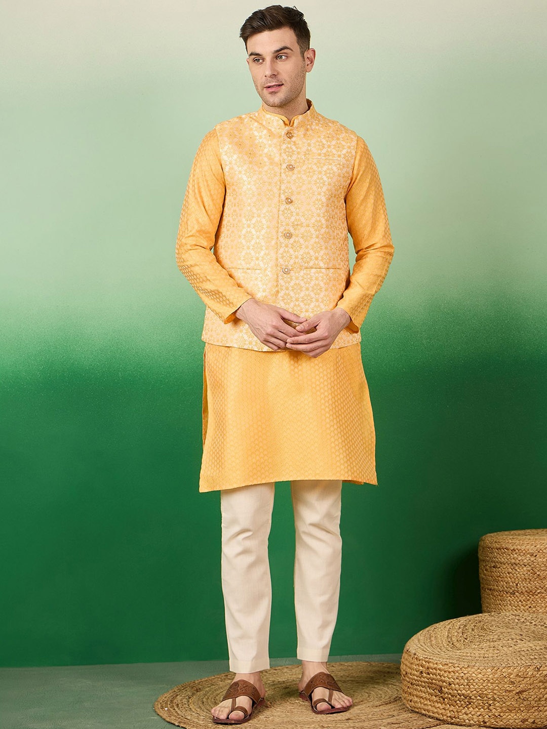 

Sangria Magnificent Woven Design Kurta Pyjama With Koti Set, Yellow