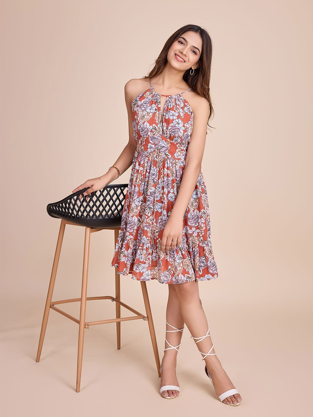 

HOUSE OF MIRA Floral Print Fit & Flare Dress, Rust