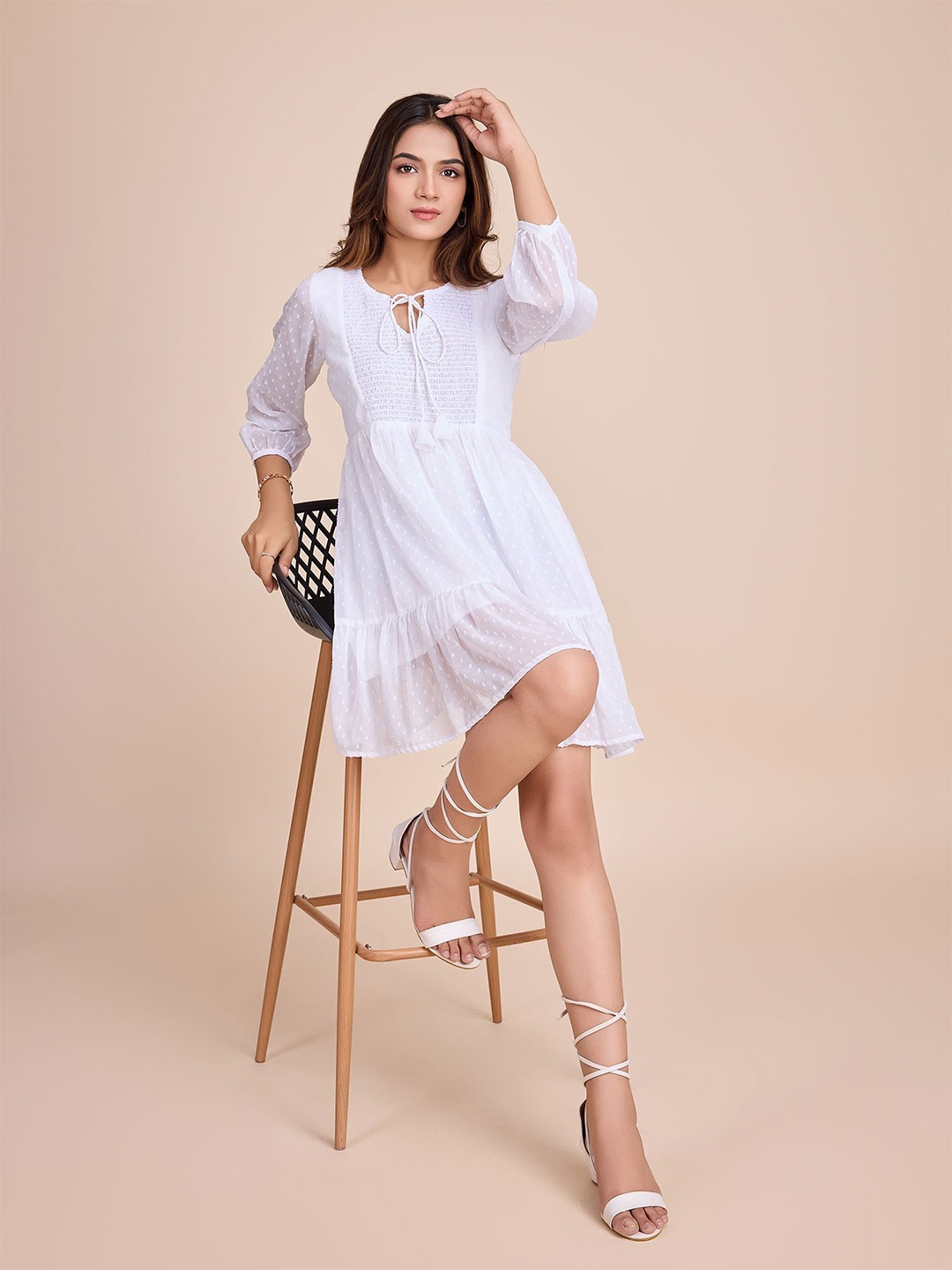 

HOUSE OF MIRA Women Tie-Up Neck Fit and Flare Dress, White