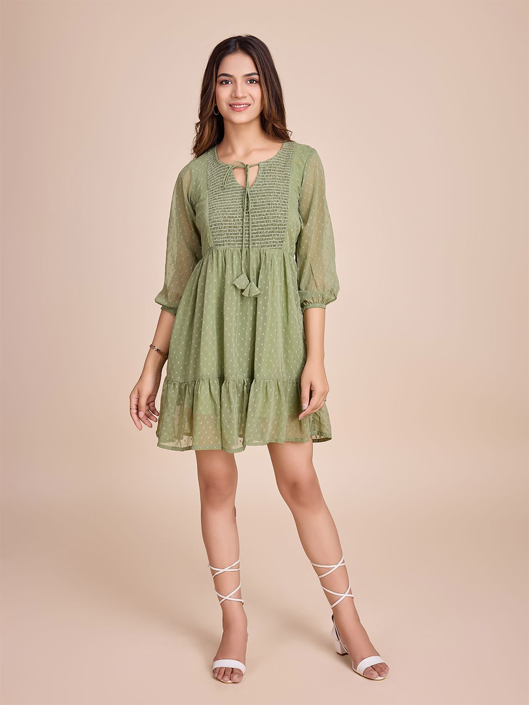 

HOUSE OF MIRA Print Tie-Up Neck A-Line Dress, Green