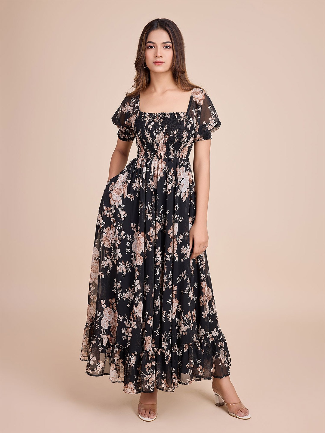 

HOUSE OF MIRA Floral Print Smocked Maxi Dress, Black