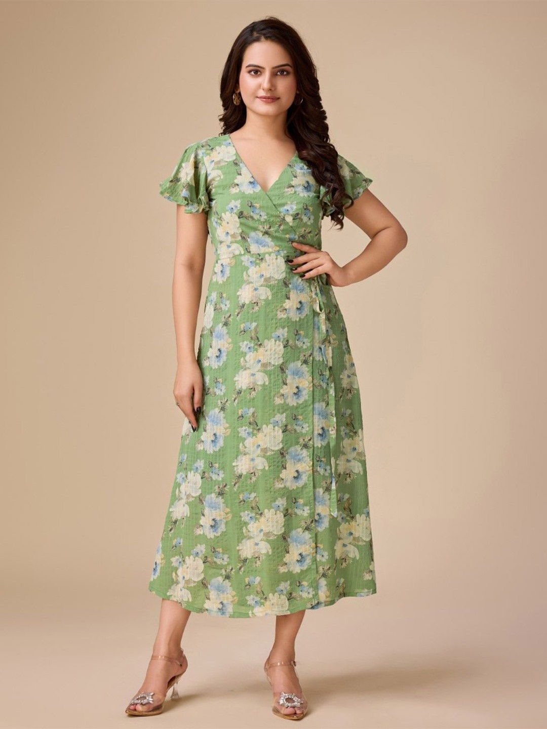 

HOUSE OF MIRA Floral Print Flared Sleeve Wrap Midi Dress, Green