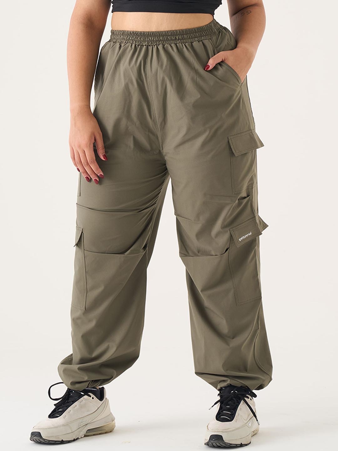 

SPIRIT ANIMAL Women Plus Size High Waisted Easy Stretch with 8 Pockets Parachute Pants, Olive