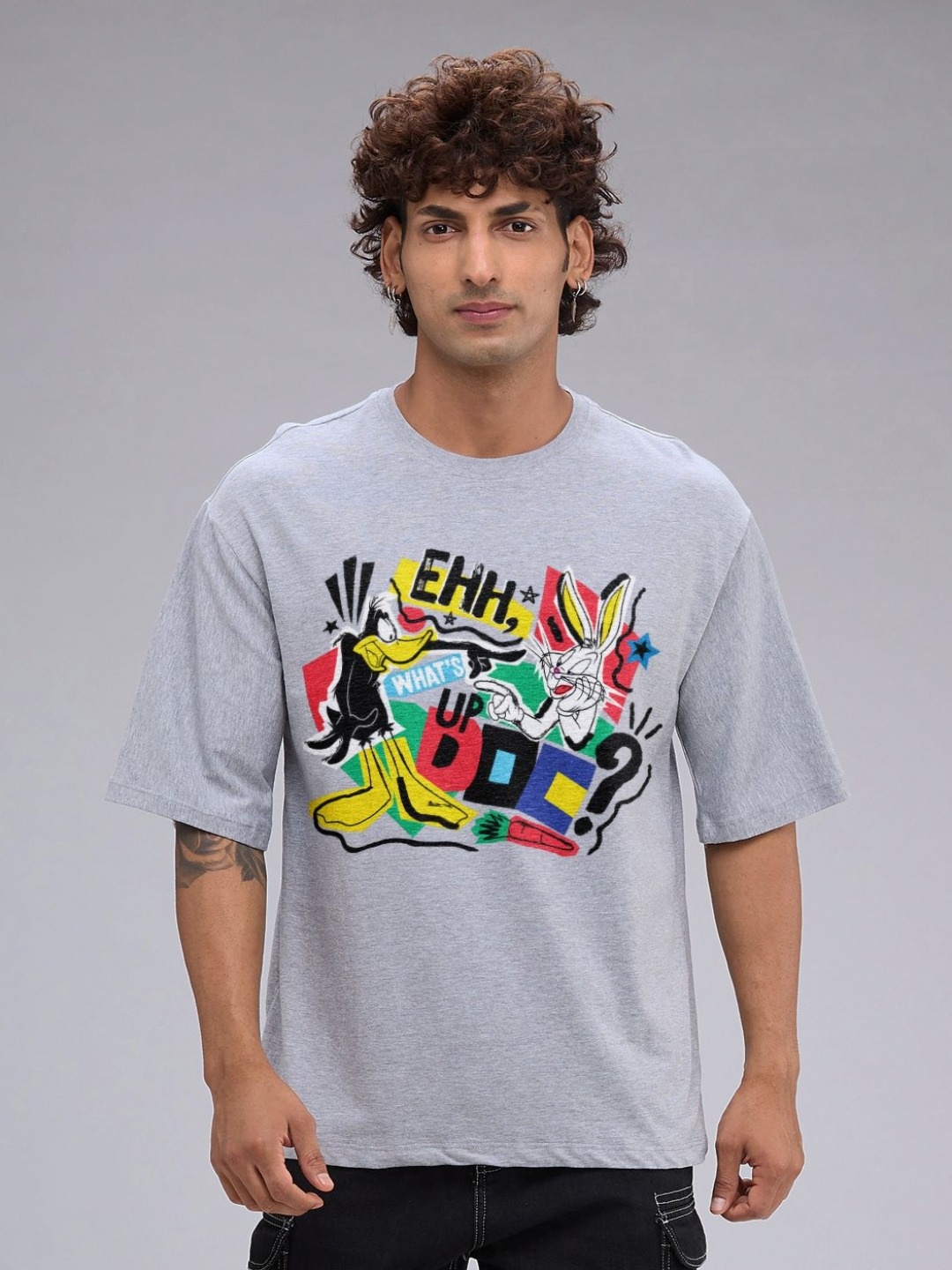 

Kook N Keech Looney Tunes Men Graphic Printed Oversized T-shirt, Grey