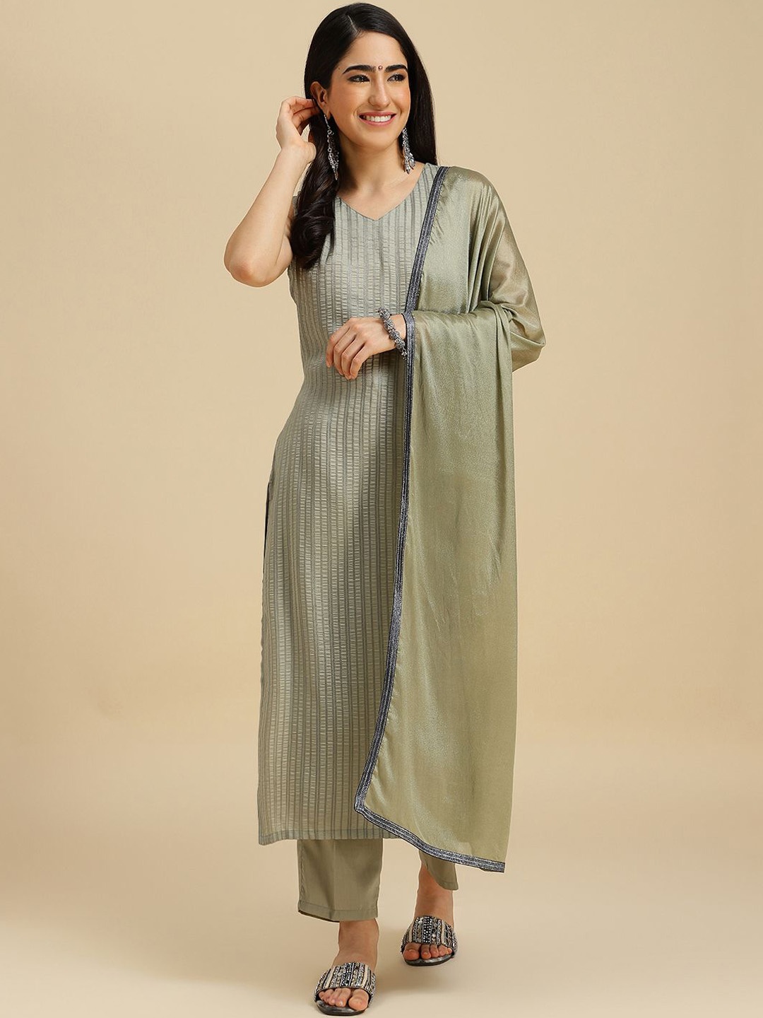 

BAESD Striped Woven Design Regular Sraight Kurta With Trousers & Dupatta, Green