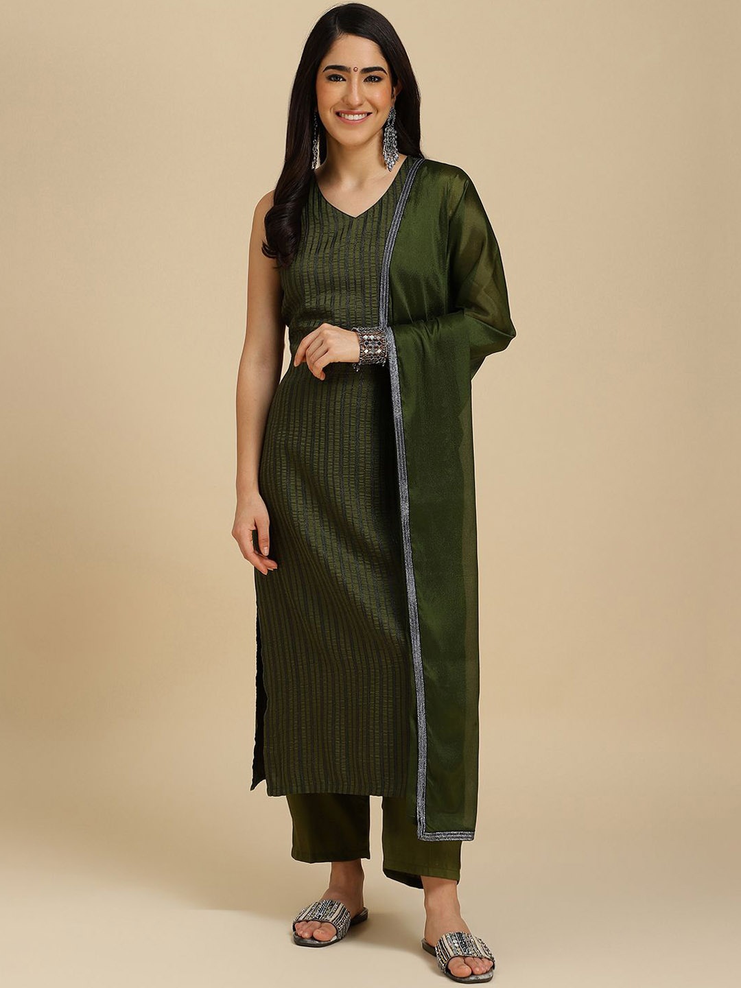 

BAESD V Neck Striped Regular Gotta Patti Kurta with Trousers & Dupatta, Green