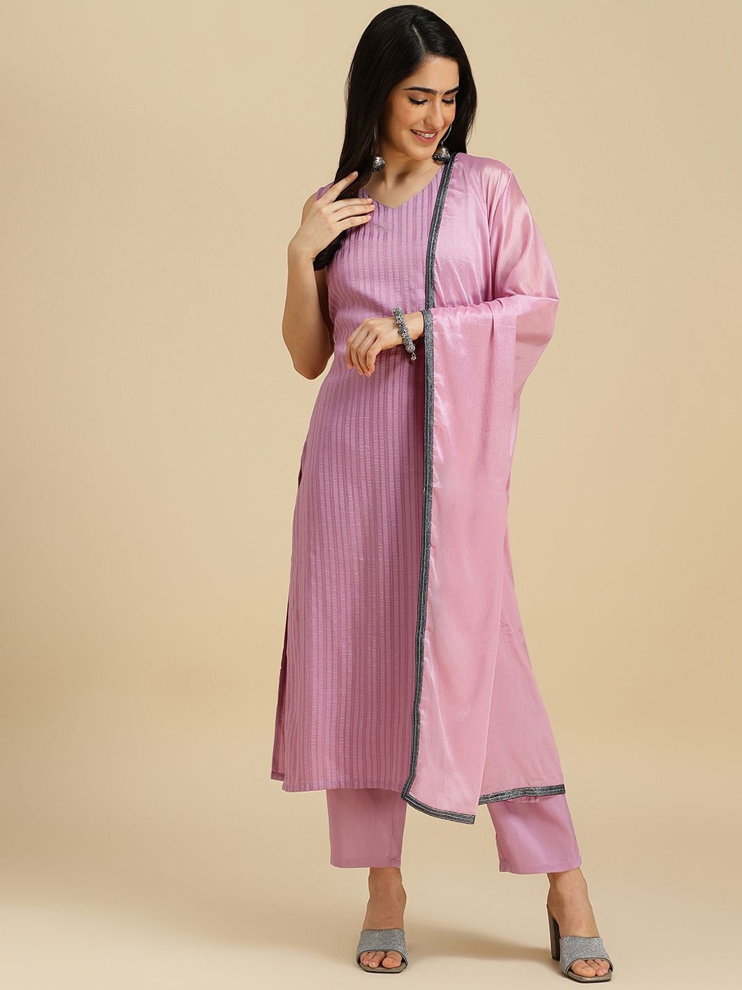 

BAESD Striped Regular Straight Kurta with Trousers & With Dupatta, Pink