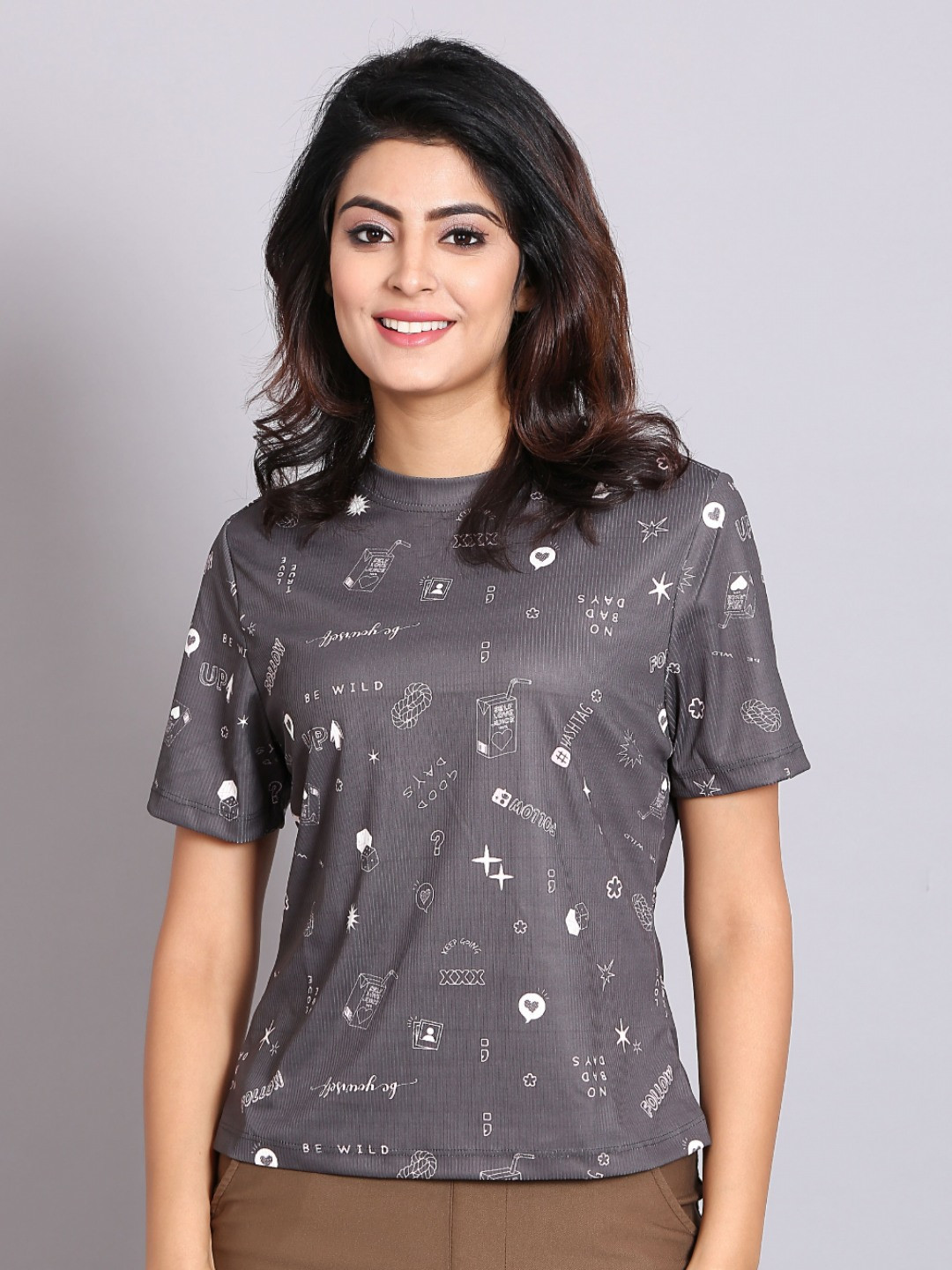 

DressBerry Women Printed Round Neck Polyester Slim Fit T-Shirt, Black