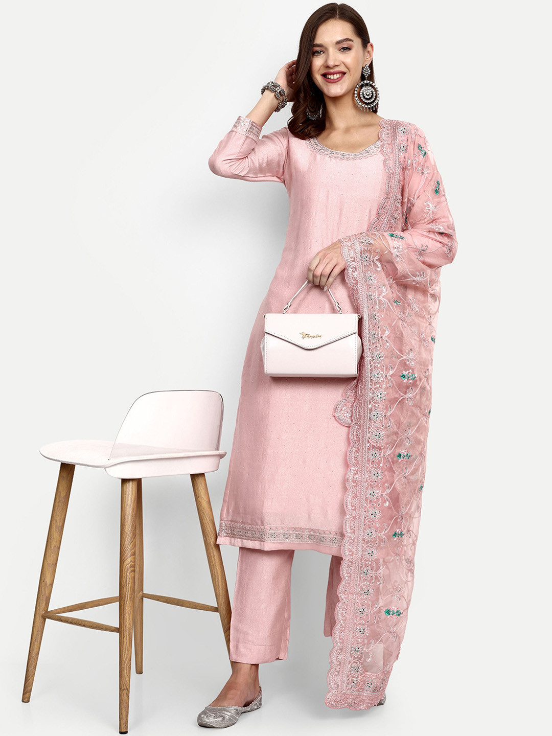 

V B SONS Floral Embroidered Sequined Straight Kurta With Trousers & Dupatta, Pink