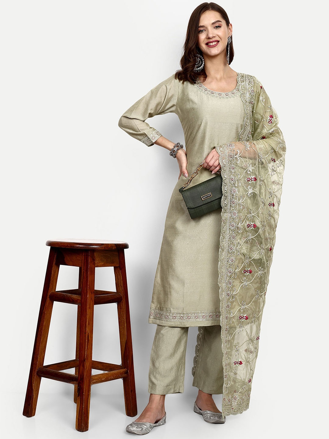 

V B SONS Floral Embroidered Sequined Straight Kurta With Trousers & Dupatta, Olive