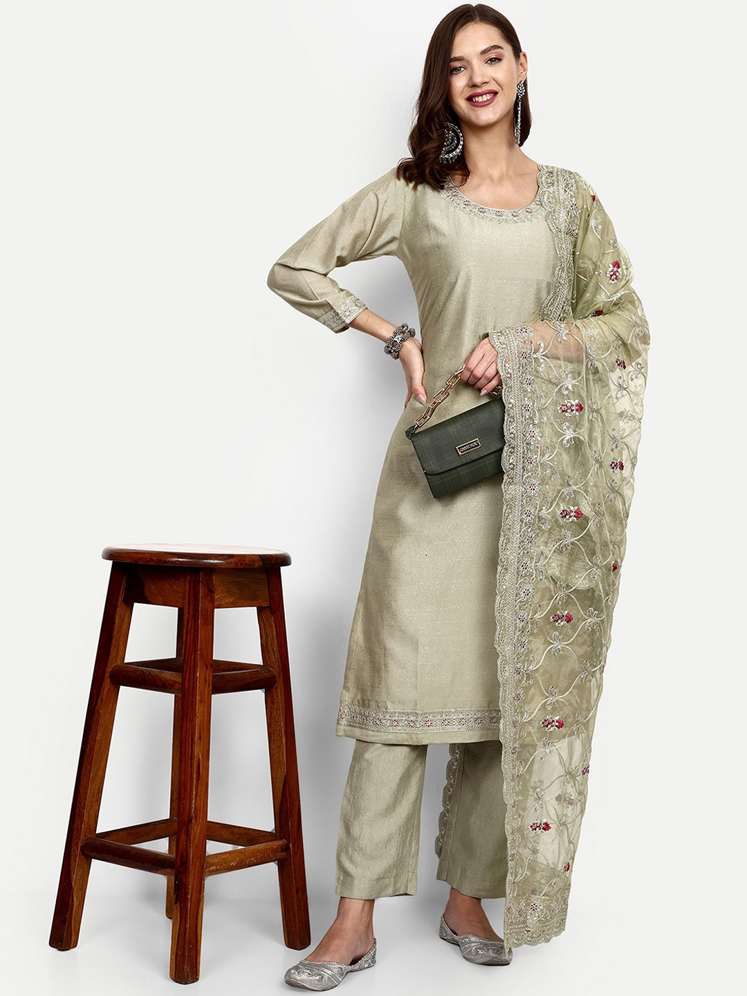 

V B SONS Floral Embroidered Sequined Straight Kurta With Trousers & Dupatta, Olive