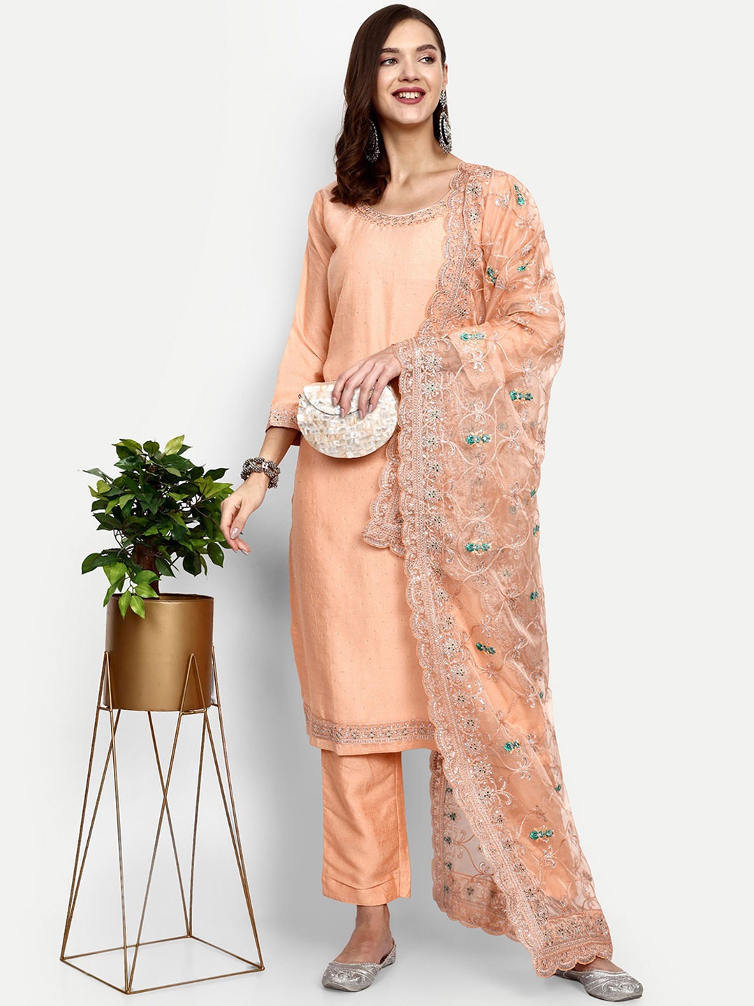 

V B SONS Floral Embroidered Sequined Straight Kurta With Trousers & Dupatta, Peach