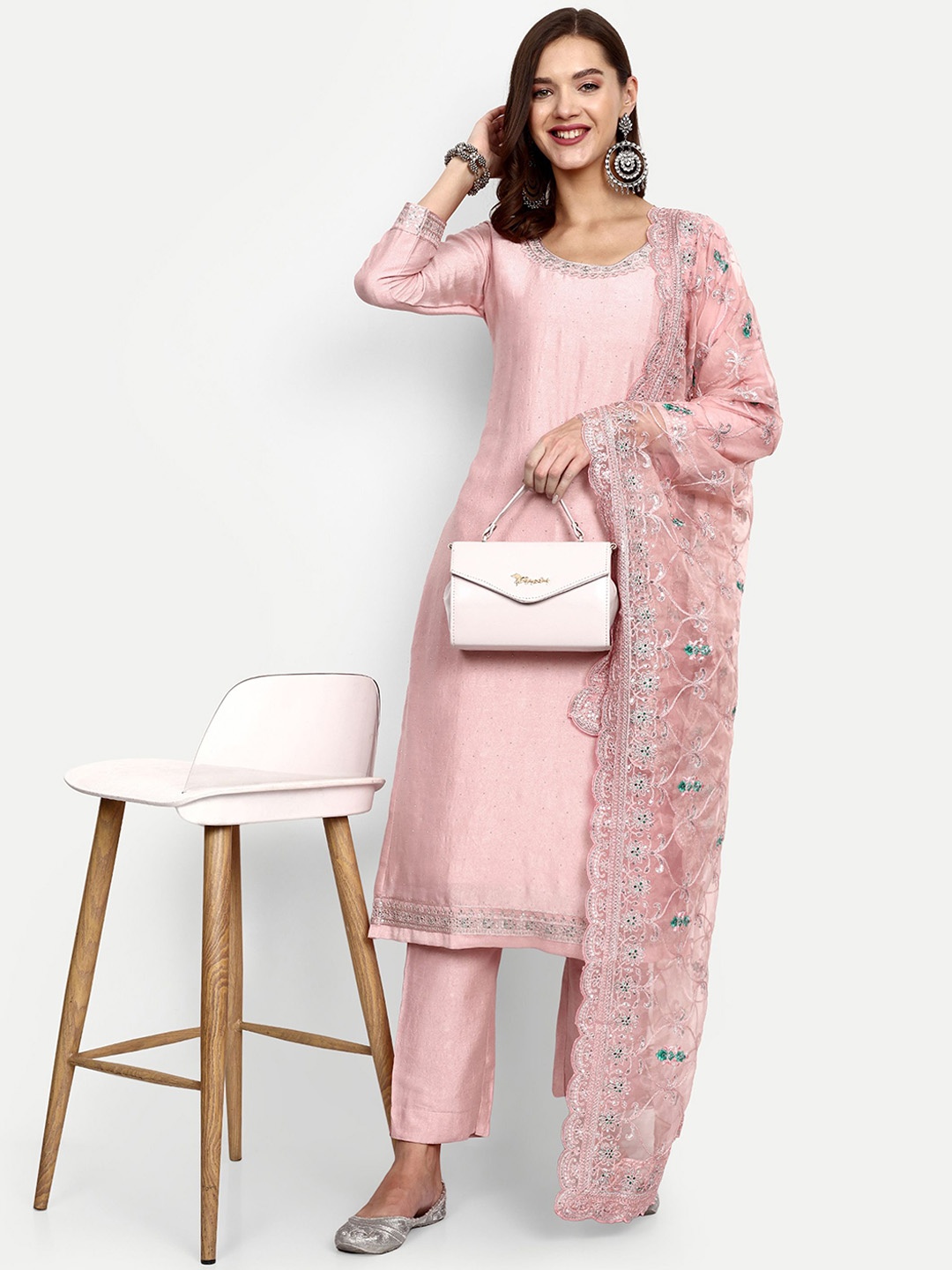 

V B SONS Floral Embroidered Sequined Straight Kurta With Trousers & Dupatta, Pink