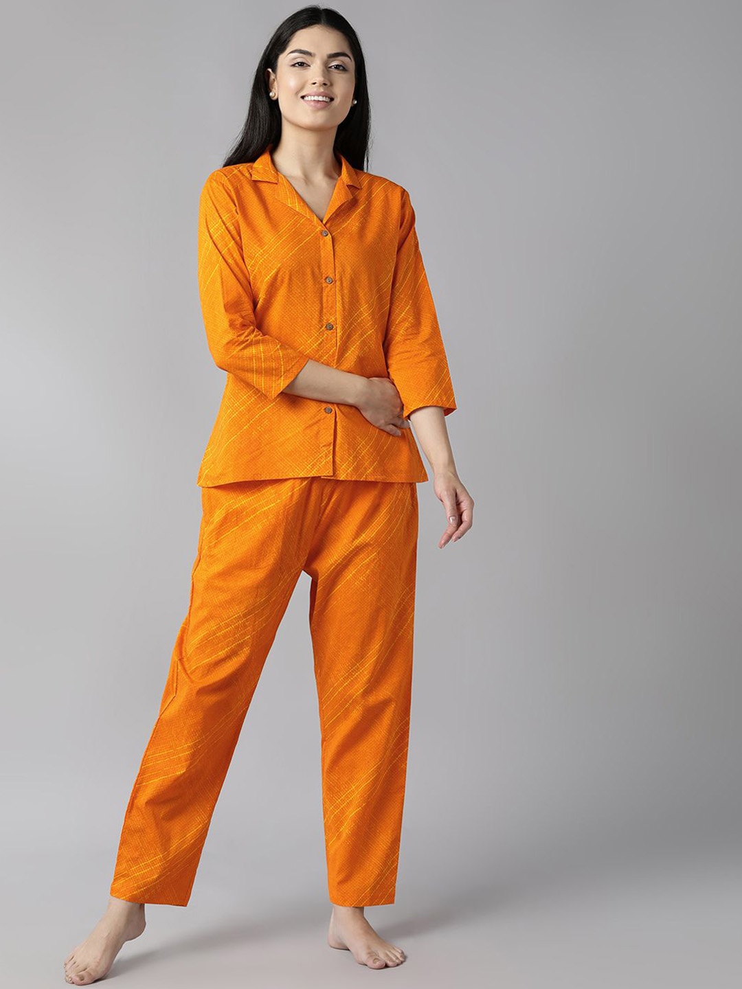 

KALINI Women Striped Cotton Lapel Collar Night suit, Orange