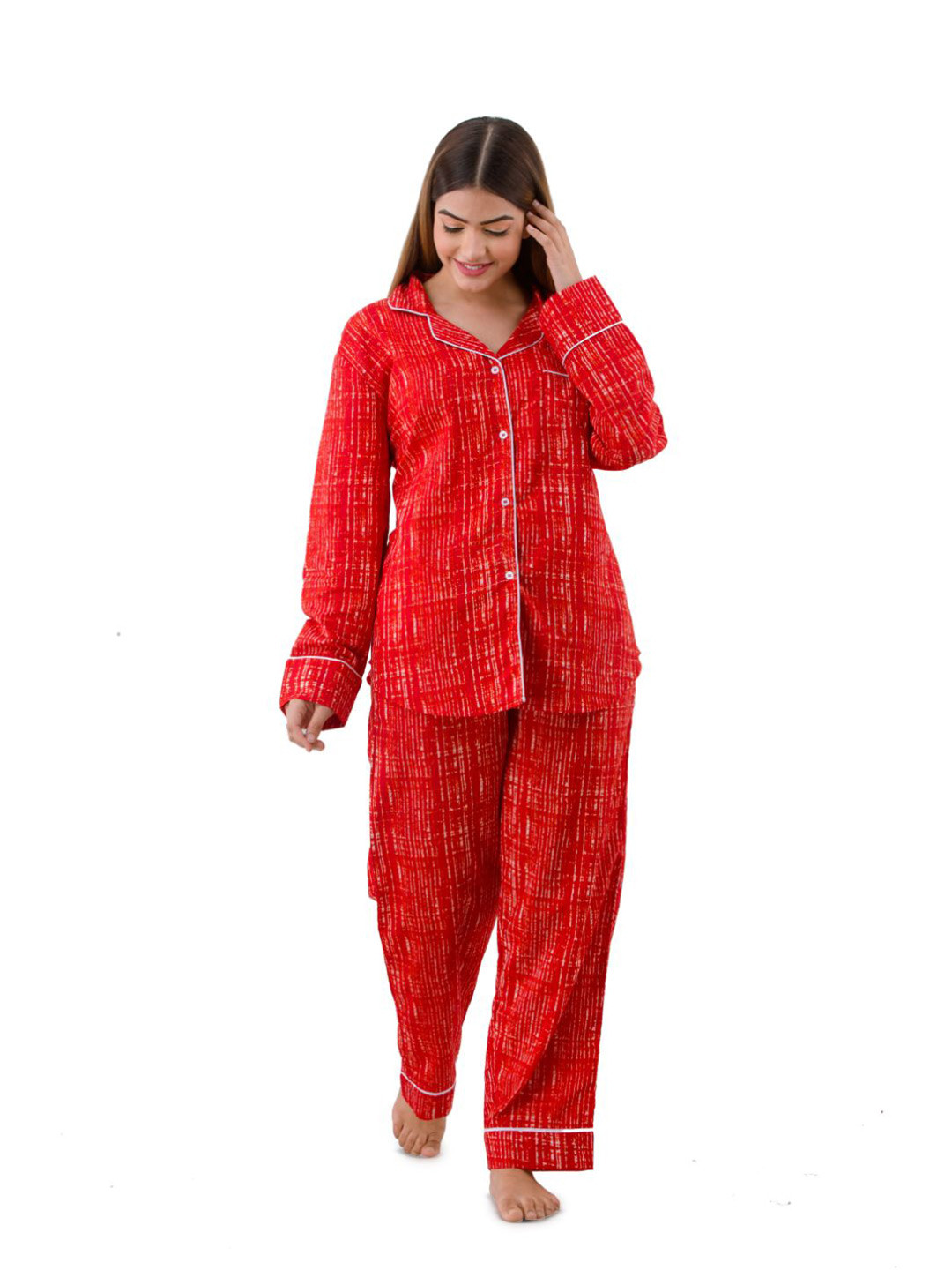 

Nation Polo Club Women Striped Long Sleeves Night suit, Red