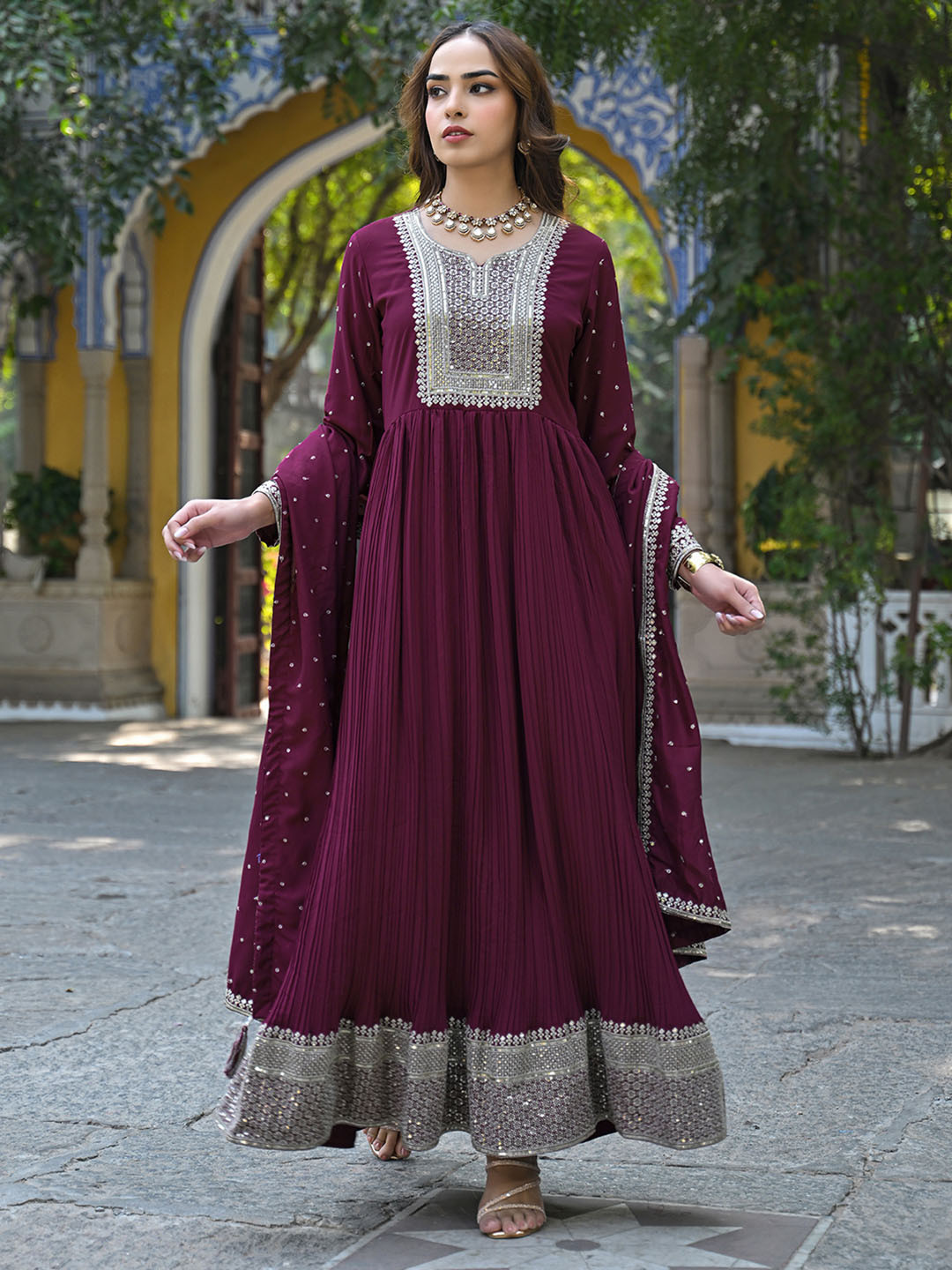 

KALINI Ethnic Motifs Yoke Design Georgette Anarkali Kurta With Duppatta, Magenta