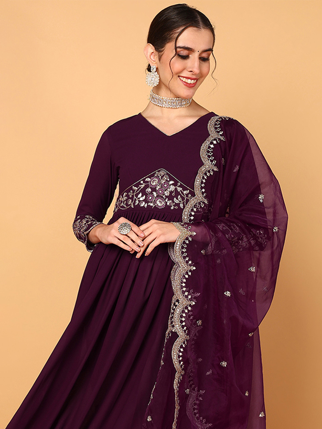 

KALINI Geometric Embroidered Sequinned Georgette Anarkali Kurta With Duppatta, Purple