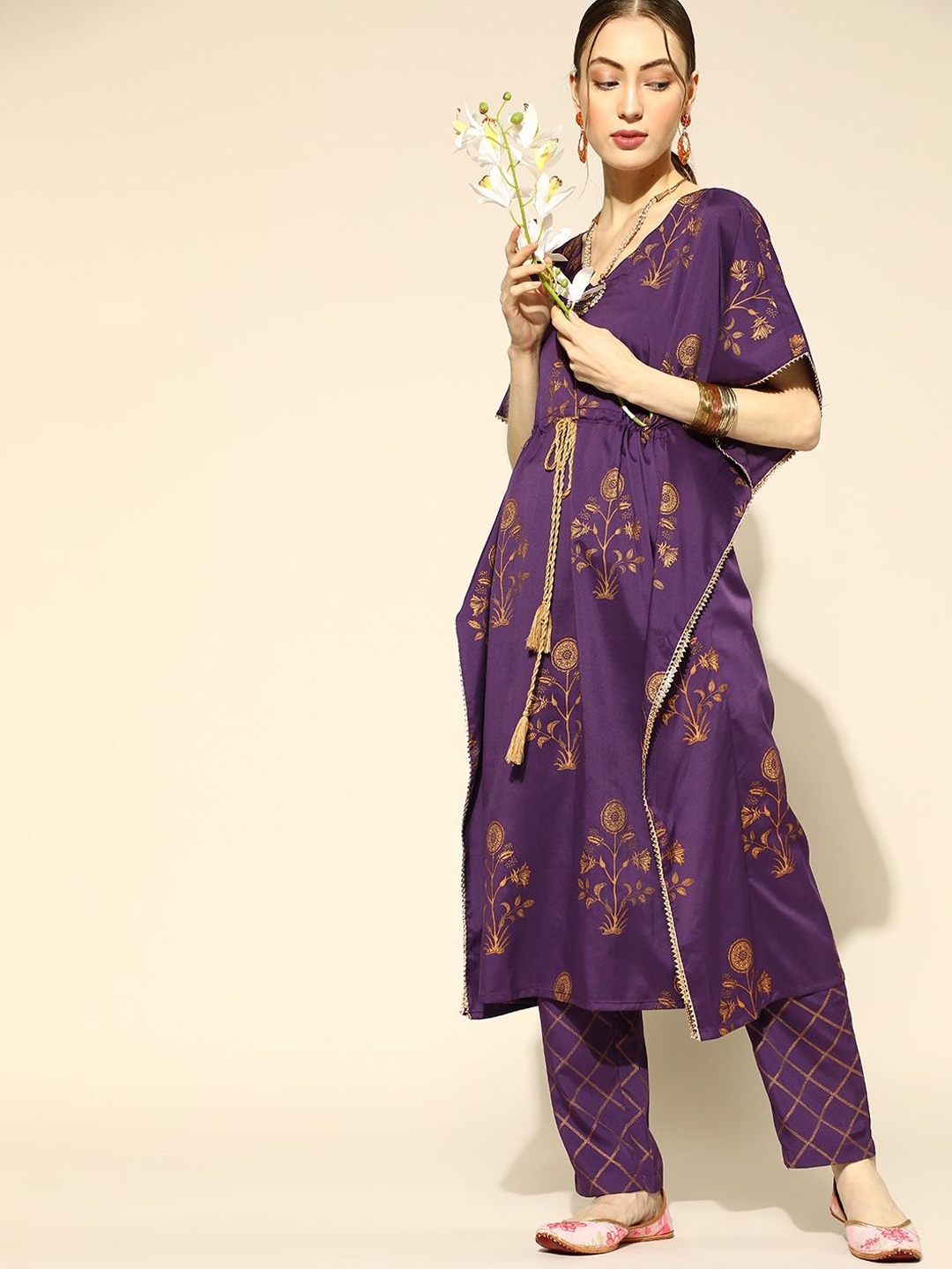 

KALINI Ethnic Motifs Printed Gotta Patti Kaftan Kurta with Trousers, Purple