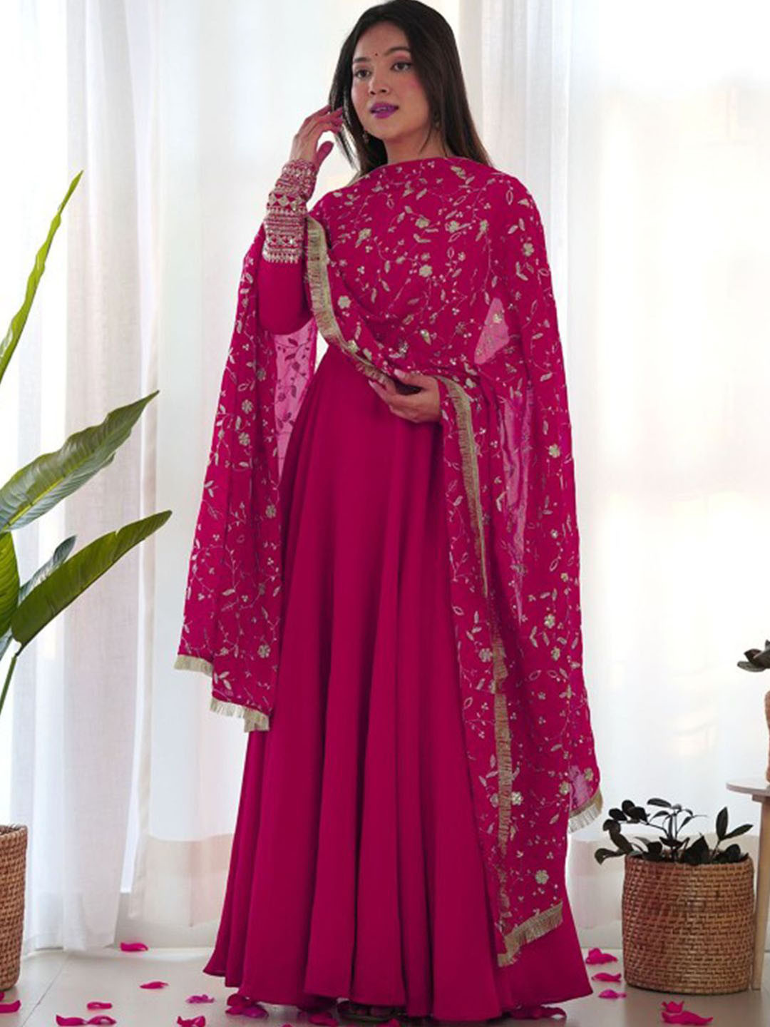 

KALINI Fit & Flared Maxi Dress With Dupatta Set, Pink