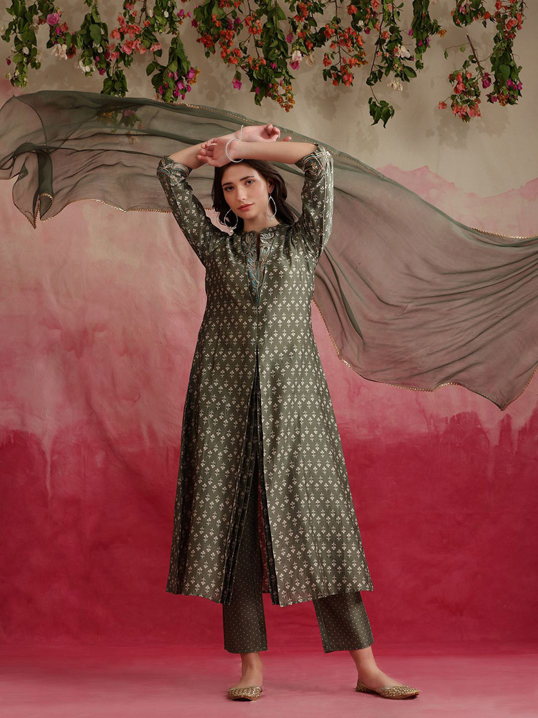 

Khushal K Floral Printed Mandarin Collar Thread Work A-Line Kurta with Trousers & Dupatta, Olive