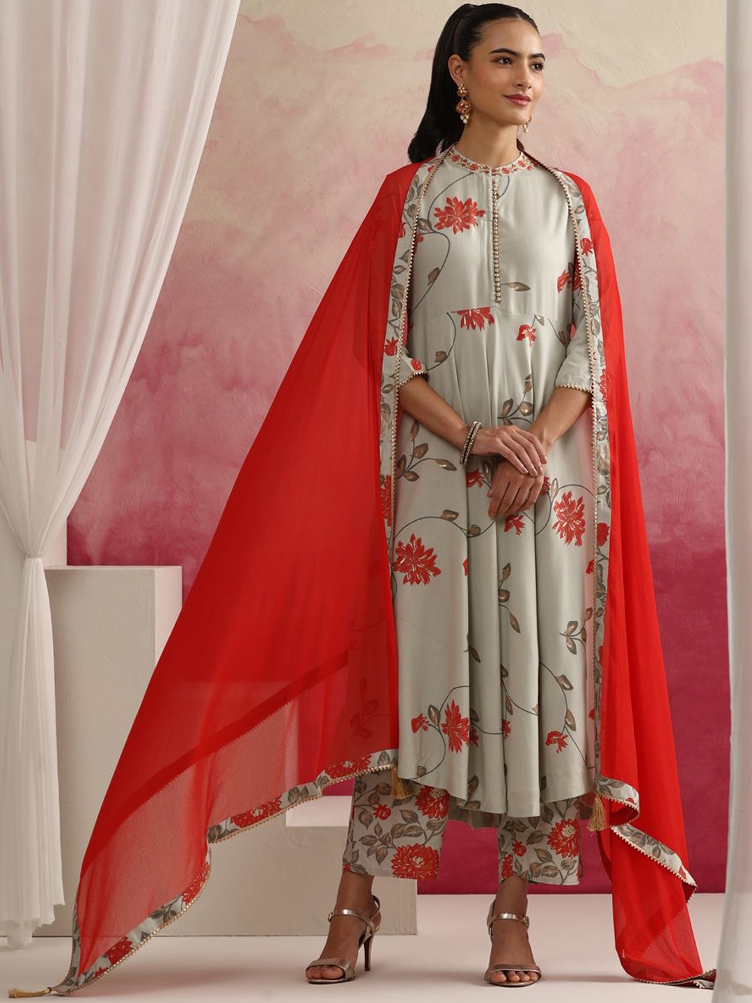 

Khushal K Floral Printed Mandarin Collar A-Line Kurta with Trousers & Dupatta, Beige