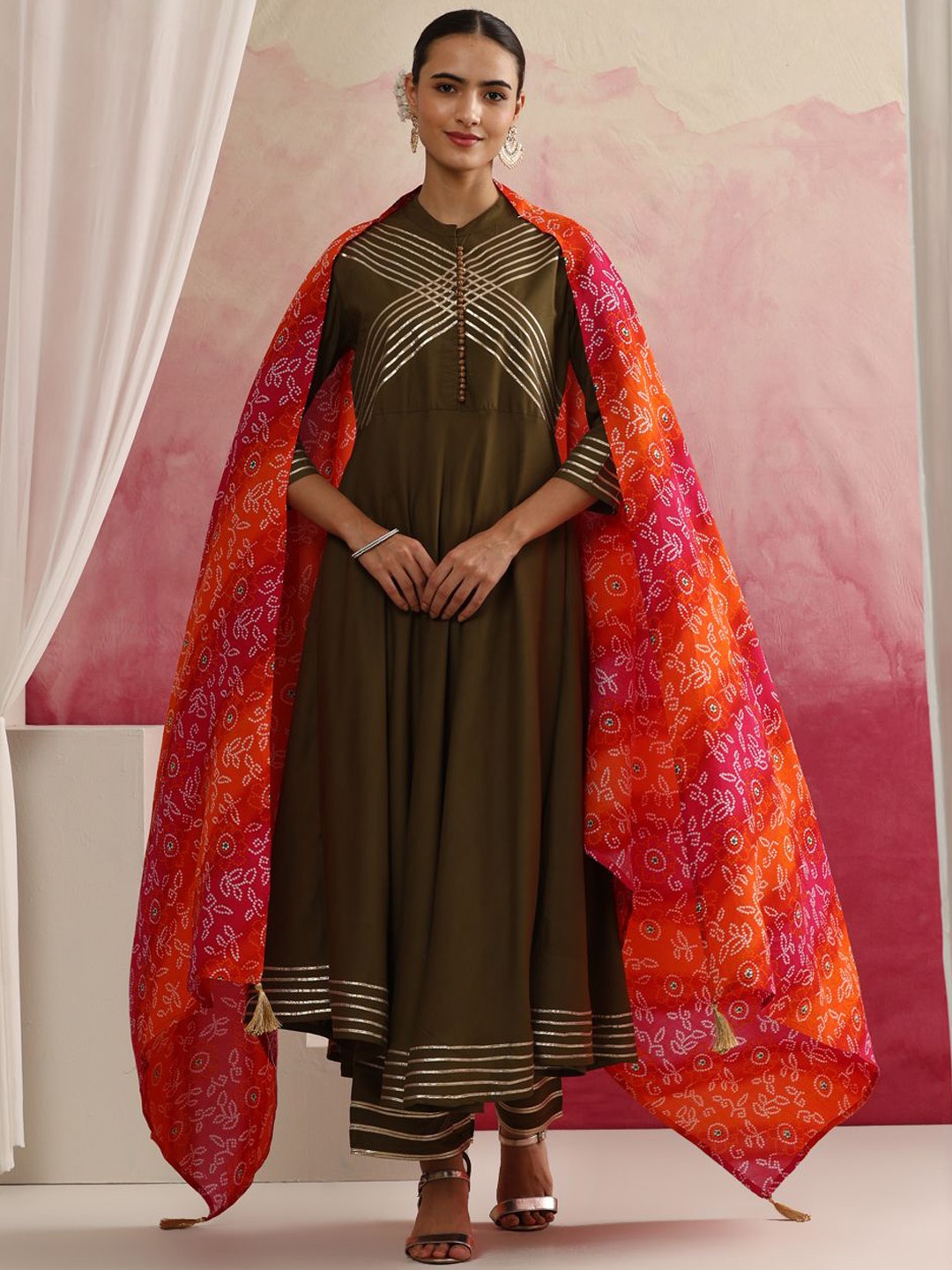 

Khushal K Mandarin Collar Gotta Patti A-Line Kurta with Palazzos & Dupatta, Olive