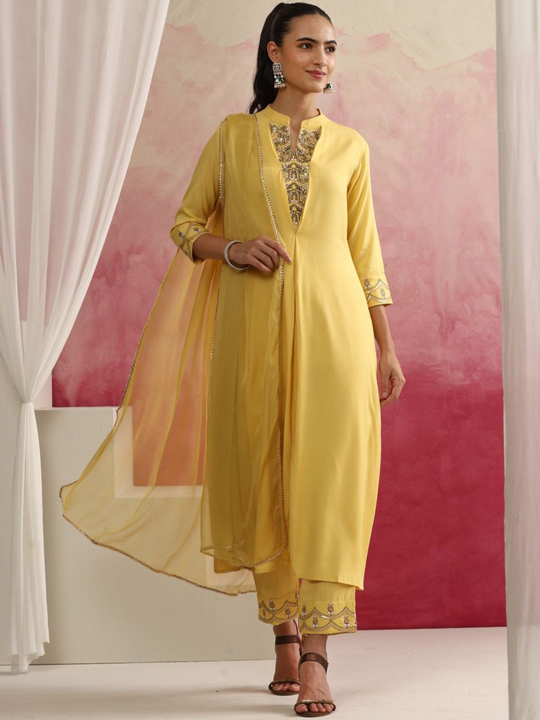 

Khushal K Floral Yoke Design Sequinned A-Line Kurta with Trousers & Dupatta, Yellow