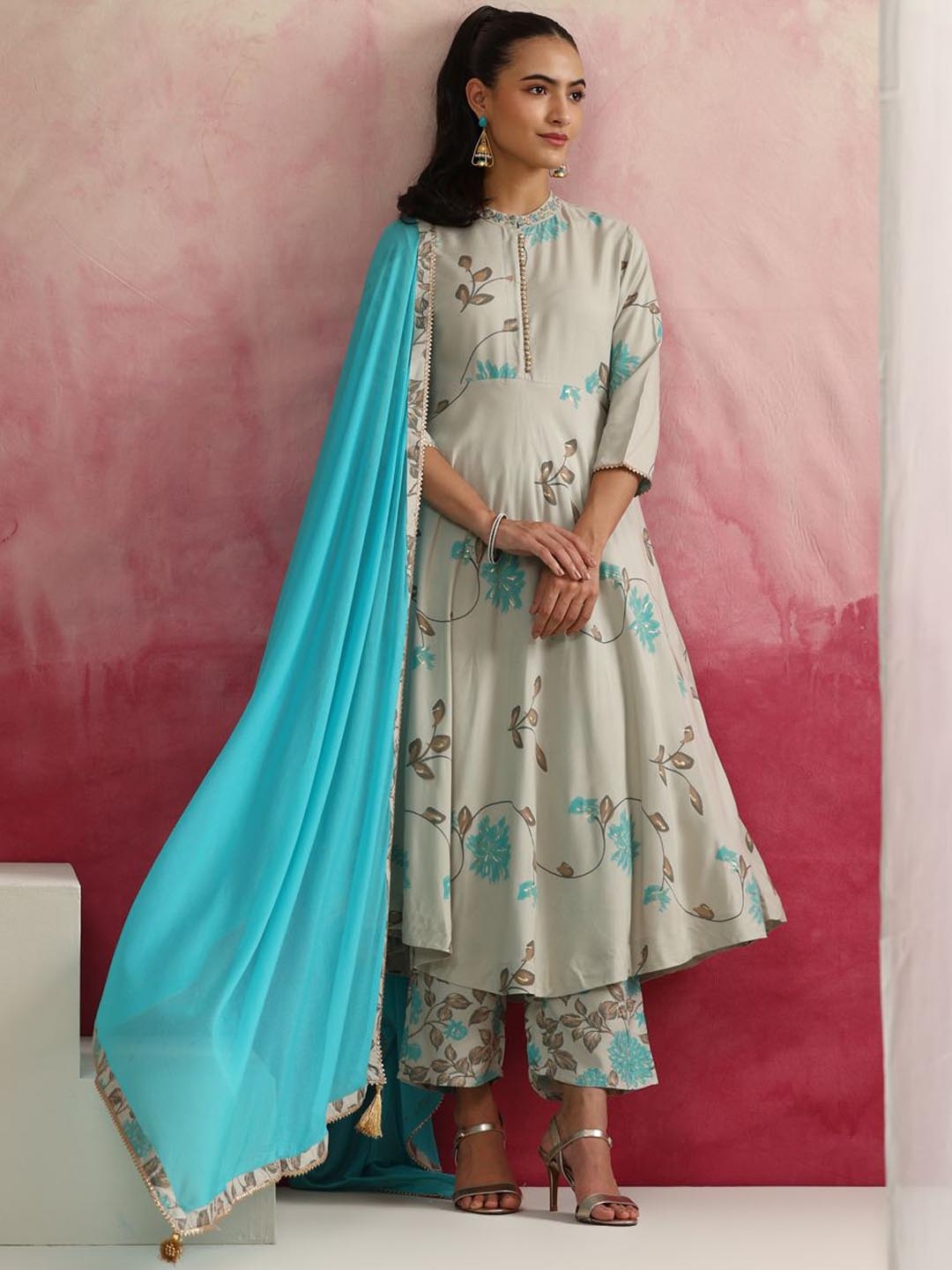 

Khushal K Floral Printed Mandarin Collar Anarkali Kurta with Trousers & Dupatta, Blue