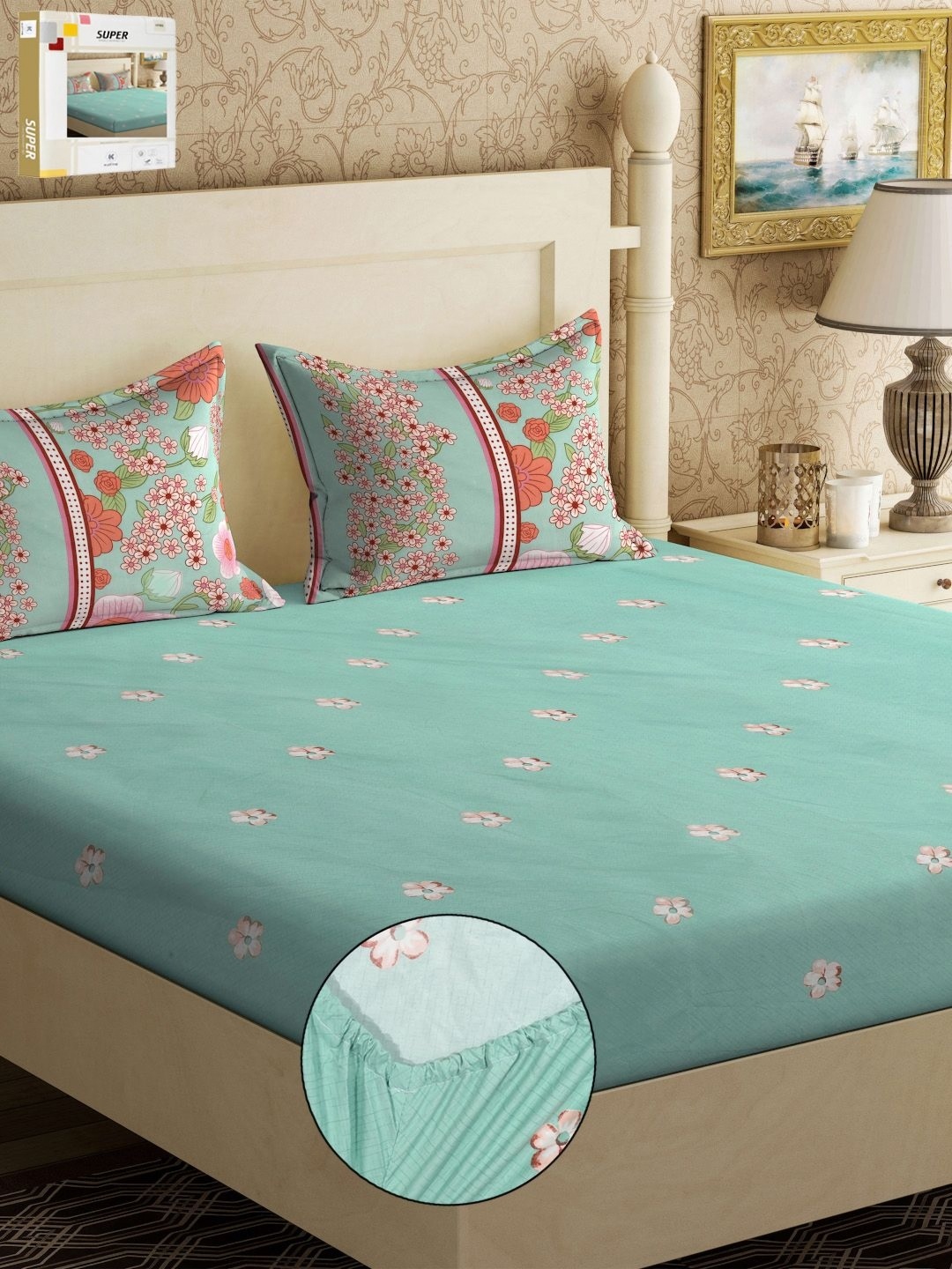 

KLOTTHE Green & Pink Floral Printed 300TC Fitted Double King Bedsheet With 2 Pillow Covers