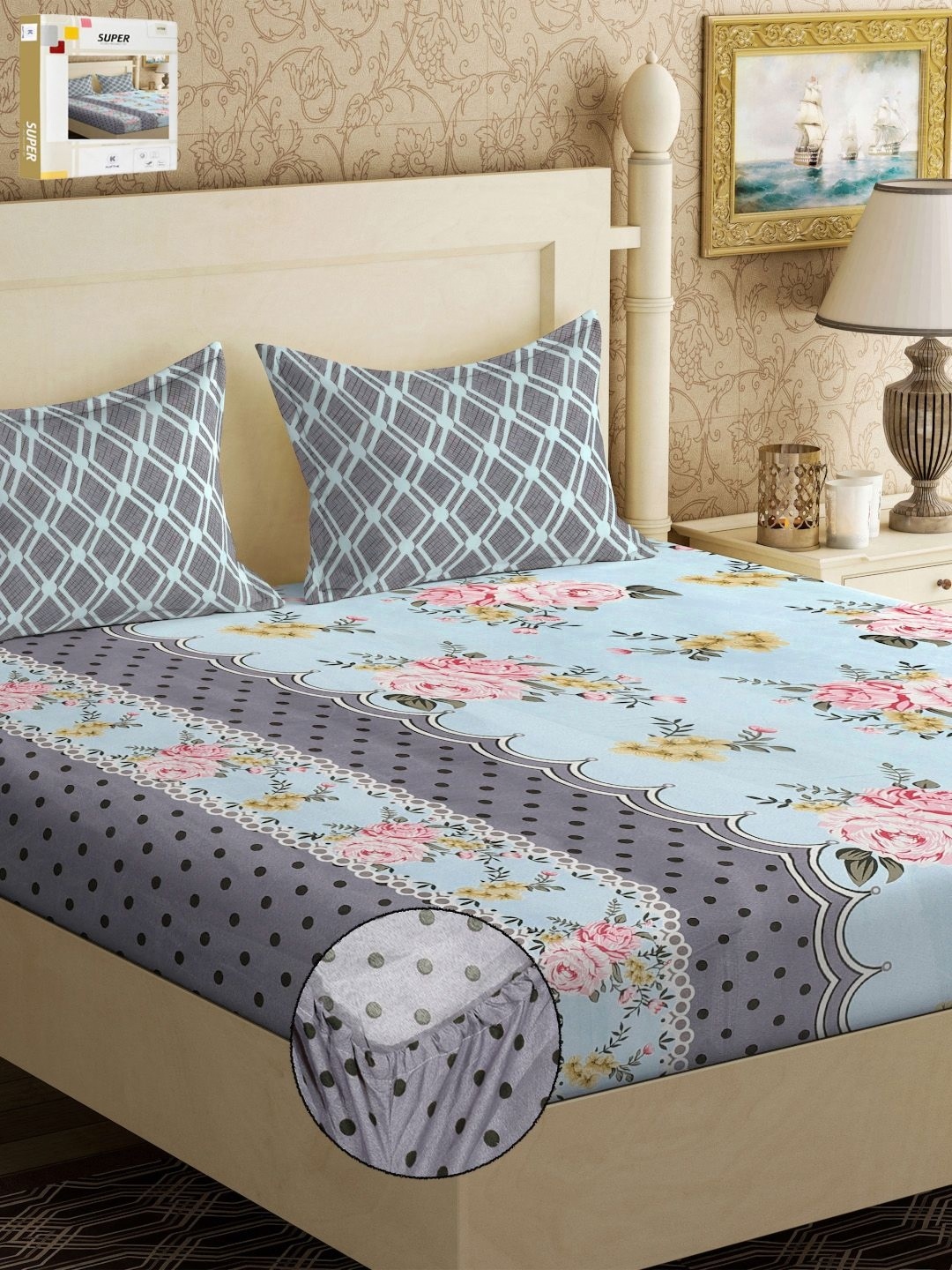 

KLOTTHE Blue & Pink Printed 300 TC Fitted Double King Bedsheet & Pillow Covers