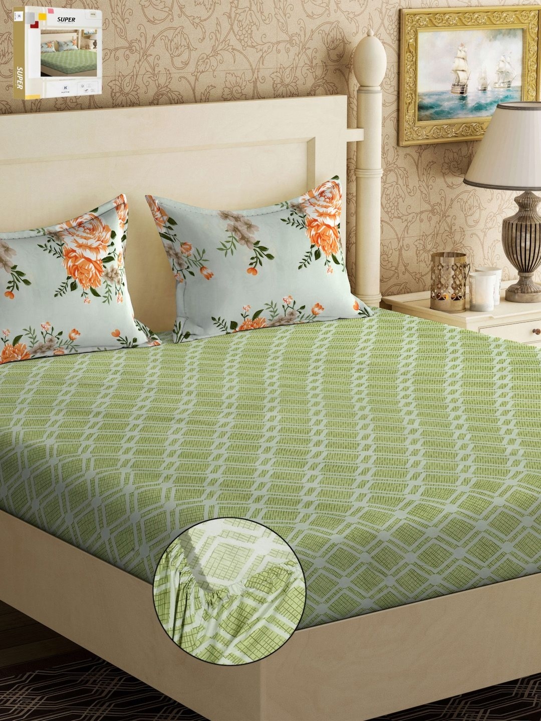 

KLOTTHE Green & White Printed Fitted 300 TC Double King Bedsheet & Pillow Covers