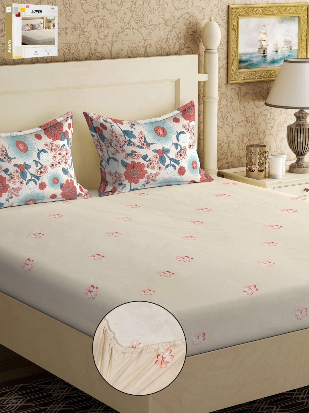 

KLOTTHE Beige & Brown Floral Printed 300TC Fitted Double King Bedsheet & 2 Pillow Covers