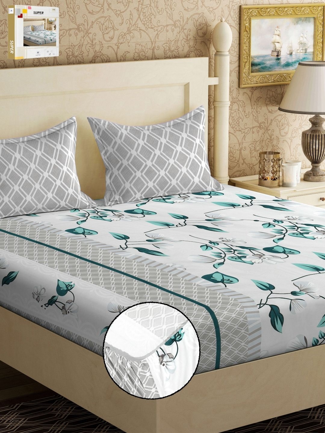 

KLOTTHE Grey & Blue Floral Printed Fitted 300TC Double King Bedsheet & Pillow Covers