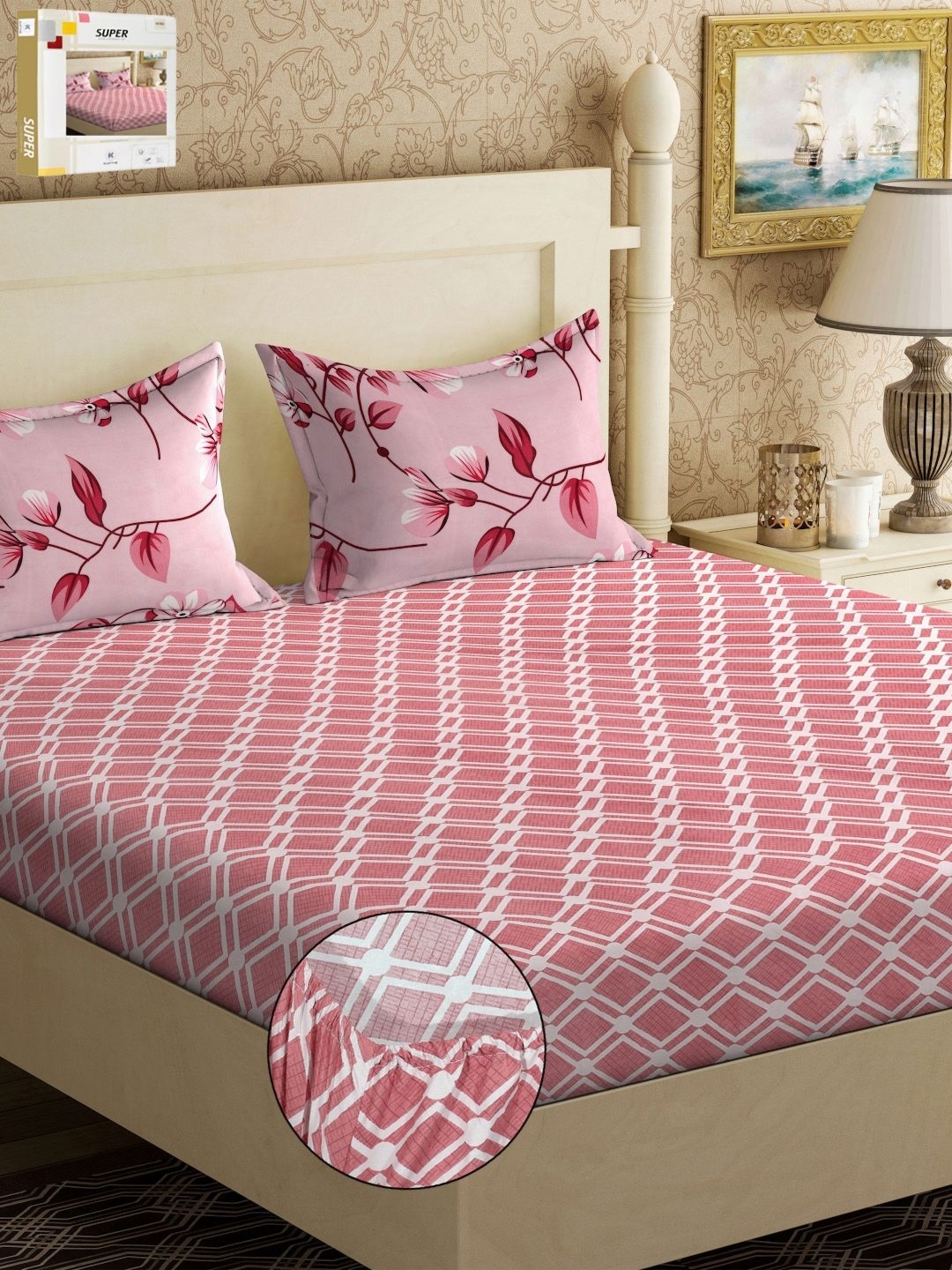 

KLOTTHE Red & White Printed Fitted 300TC Double King Bedsheet & Pillow Covers